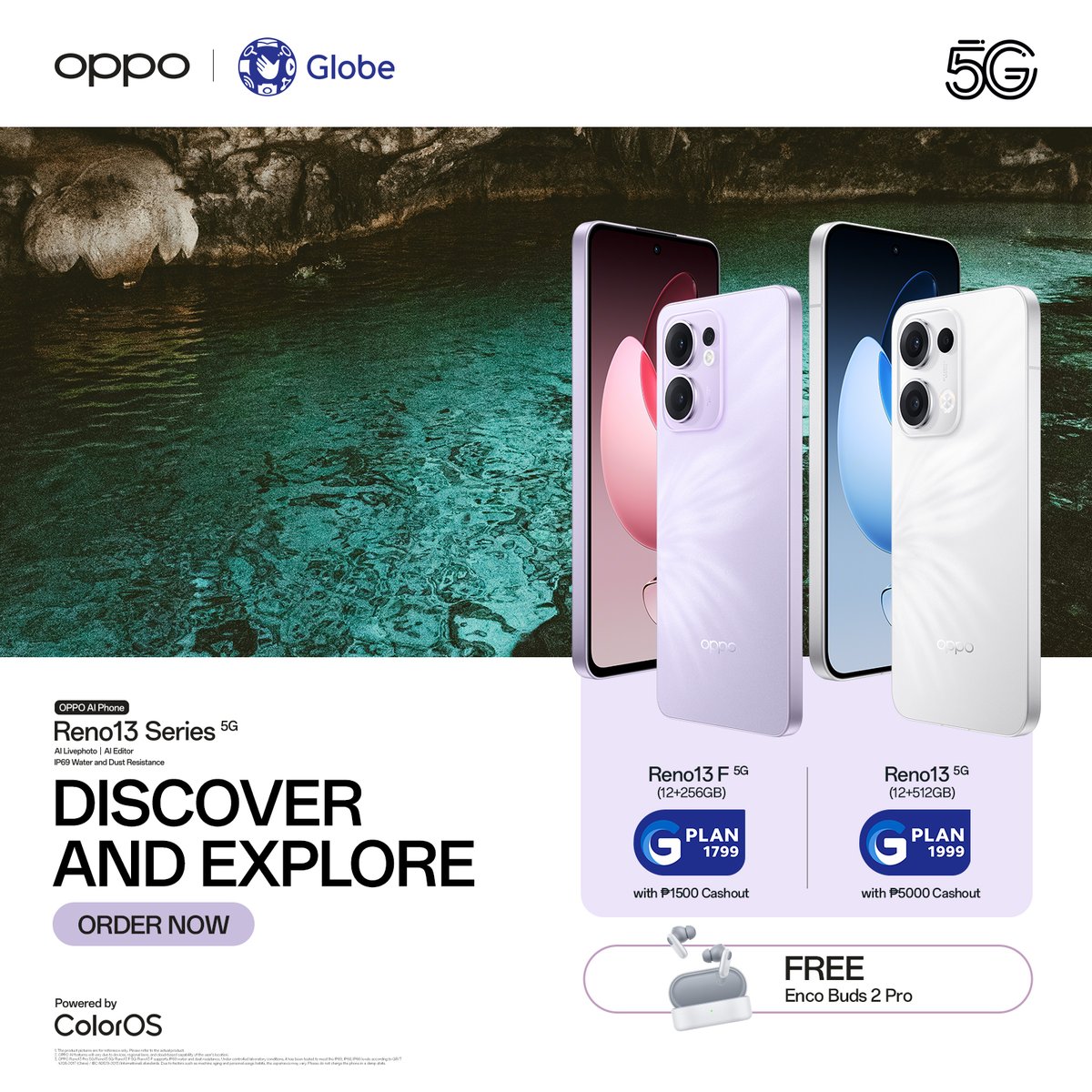 OPPOPhilippines's tweet photo. Create Core Memories with #ClearUnderwater IP69 Underwater Photography, AI Livephoto that lets you #ReliveTheVibe, and AI Editor that allows you to #PerfectCoreMemories when you avail of the OPPO Reno13 F 5G (12+256GB) via Globe Postpaid: https://t.co/yCZsWHjuBe https://t.co/2lyN4ozWNp