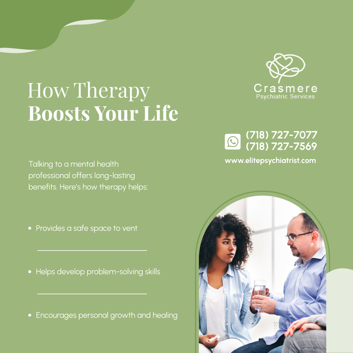 CrasmerePsych's tweet photo. Therapy isn’t just for crisis moments—it’s a pathway to understanding, healing, and thriving. Let a trusted professional guide you toward a healthier, more fulfilling life. Start your therapy journey today. 

#StatenIslandNY #PsychiatricServices #TherapyBenefits #HealingTogether https://t.co/h1VgbOVS6n