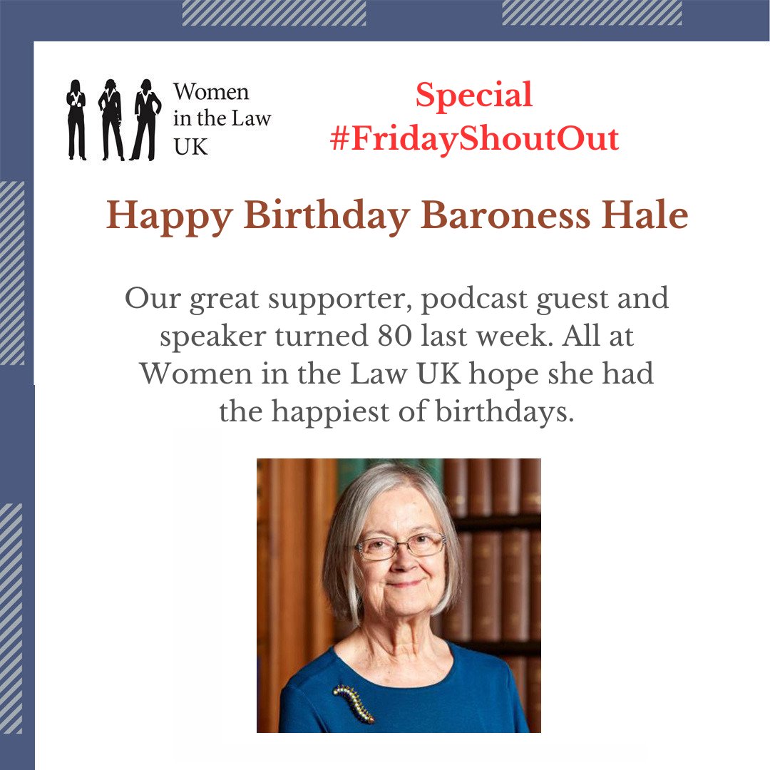 WomenintheLawUK's tweet photo. Today, we have a very special #FridayShoutOut to Baroness Hale of Richmond. A valued supporter of #WomenInTheLawUK, podcast guest, speaker & great visible #rolemodel. Many congratulations on your 80th birthday last week Lady Hale!
#law #ambassador #achievement #leader #admiration https://t.co/IfGUpWGD8c