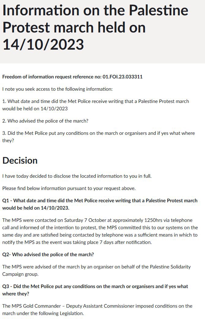 🚨 EXPOSED

The Palestine Solidarity Campaign contacted the Met Police on 12:50pm on 𝙊𝙘𝙩𝙤𝙗𝙚𝙧 𝟳𝙩𝙝 2023 to organise their first “protest” in London on the October 14th 2023.

They did this while Jews were still being slaughtered, raped, burnet alive and kidnapped by