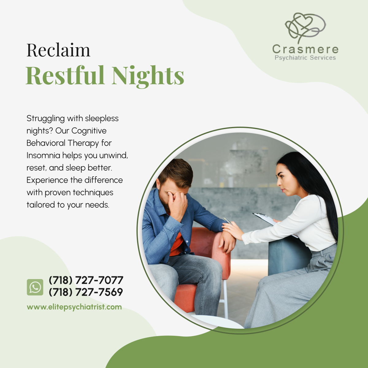 CrasmerePsych's tweet photo. Tired of tossing and turning? 

Let us help you rediscover peaceful sleep through personalized Cognitive Behavioral Therapy for Insomnia. It's time to recharge your mind and body. Call today to book an appointment! 

#StatenIslandNY #CBTforInsomnia #BetterSleep https://t.co/1TmQTeRGpG