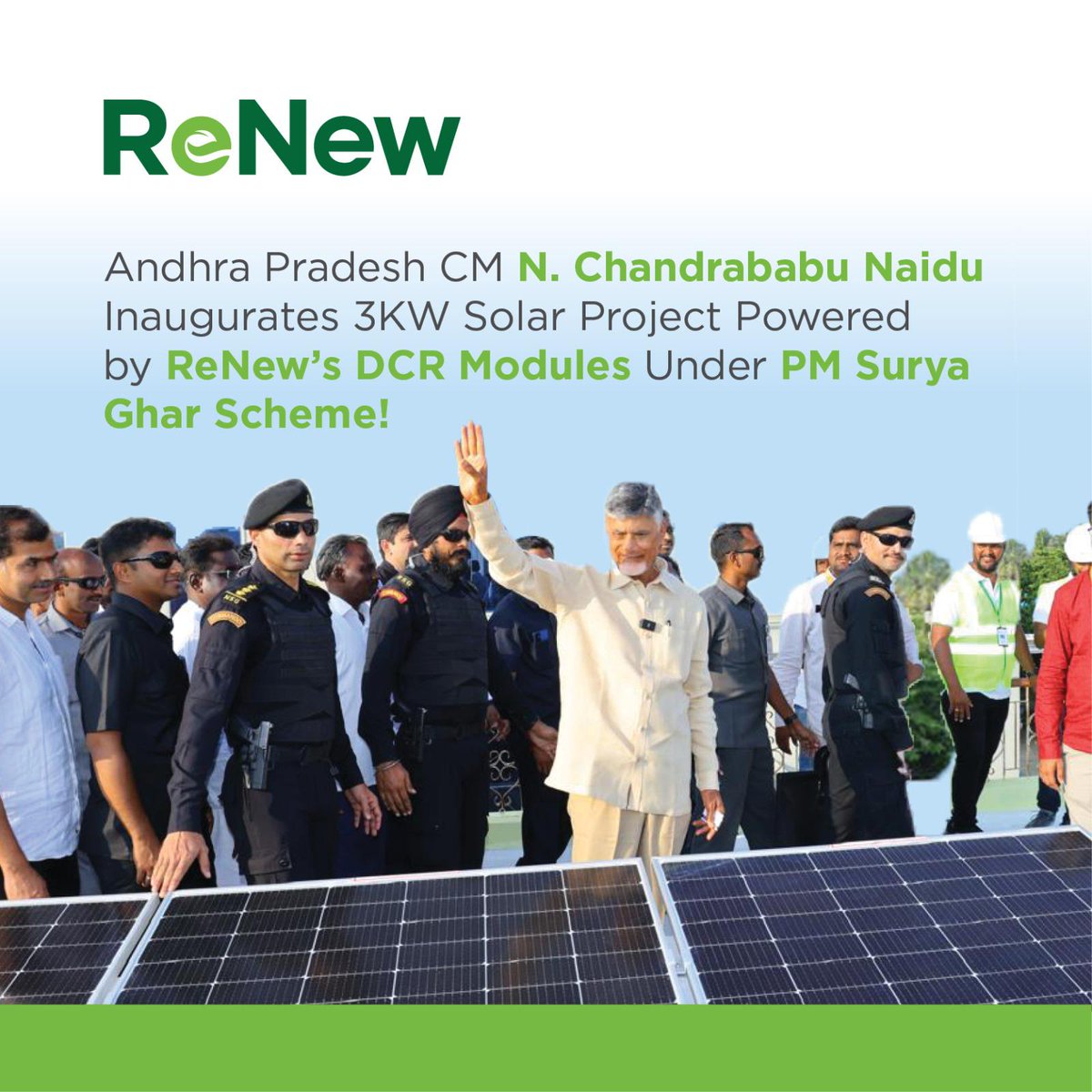 ReNewCorp's tweet photo. We are thrilled to announce that our solar modules, installed under the @PMSuryaGhar scheme in Andhra Pradesh, have been officially inaugurated by the Hon. Chief Minister, Sri Chandrababu Naidu @ncbn. @AndhraPradeshCM

In partnership with SM Renergy, we have already energised 150 sites, each generating approximately 3 kW of clean energy. And we’re just getting started! By the end of this financial year, we will supply DCR modules to another 300 sites, further strengthening our commitment to a sustainable future.

#ReNewTheFuture #EnergyTransition #PMSuryaGhar #CleanEnergy #AndhraPradesh #NetZero @mnreindia @makeinindia