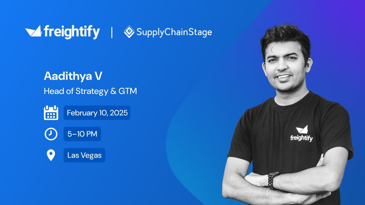 freightify_'s tweet photo. Vegas, here we come
Our Head of Strategy &amp; GTM, Aadithya V, will represent us at the Supply Chain Stage Summit on February 10th from 5–10 PM. 🏙️
Aadithya is ready to share how Freightify is reshaping the industry one solution at a time. 
#Freightify #SupplyChainStage #Freight https://t.co/OZdNZWtgwU