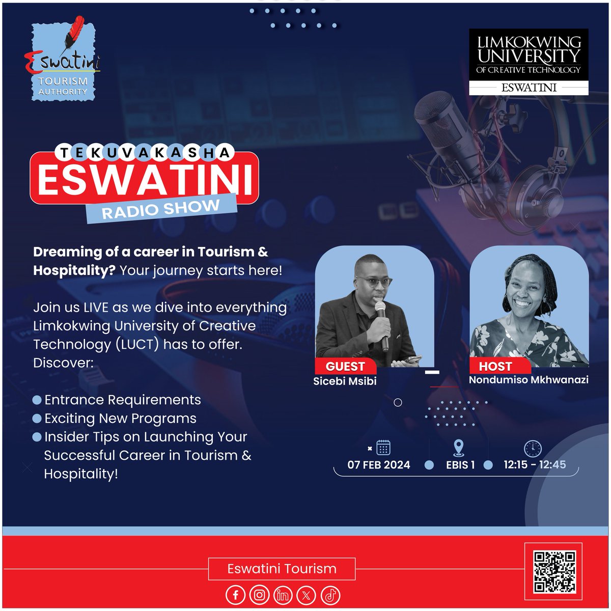 eswatinitourism's tweet photo. Tekuvakasha Radio Show on EBIS1
Please join us in a few moments for a good listen as we have representatives from @Limkokwing_ES on the show.
Hlanganyela natsi on EBIS1 ๐ป
@EBISRADIO
#eswatinitourism ๐ธ๐ฟ #chooseeswatini #loveeswatini #LUCT #visiteswatini #EBIS1 ๐ป https://t.co/RpwSFftOWu