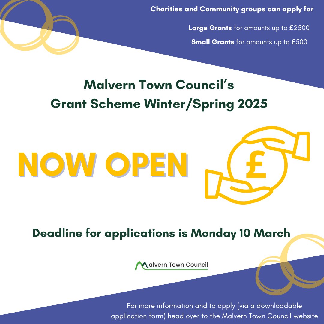 Our Winter/Spring grant scheme 2025 is now live!! 🙌

Closing date for all applications is the 10 March at 5pm

For more information and to apply simply head over to the Malvern Town Council website at malverntowncouncil.org