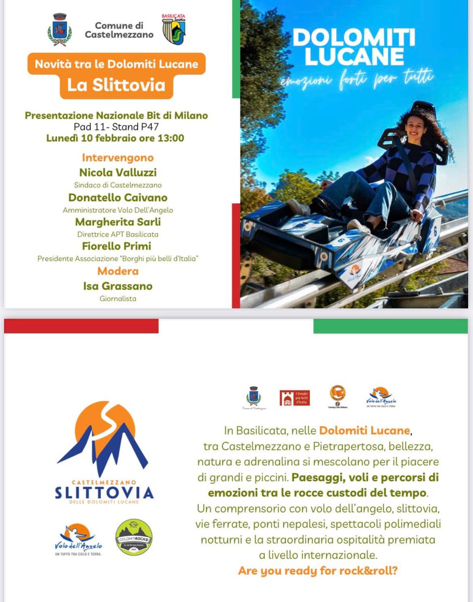 Lunedì 10 febbraio in BIT a Milano✈️🗺️🏞️

Sono felice di moderare un incontro per raccontare la Slittovia delle Dolomiti Lucane.

A Castelmezzano dal 25 aprile
e ad illustrare il progetto, tra gli altri, sará il sindaco <a href="/NicolaValluzzi/">nicola valluzzi</a> 

✨Padiglione 11 APT #Basilicata Stand P47