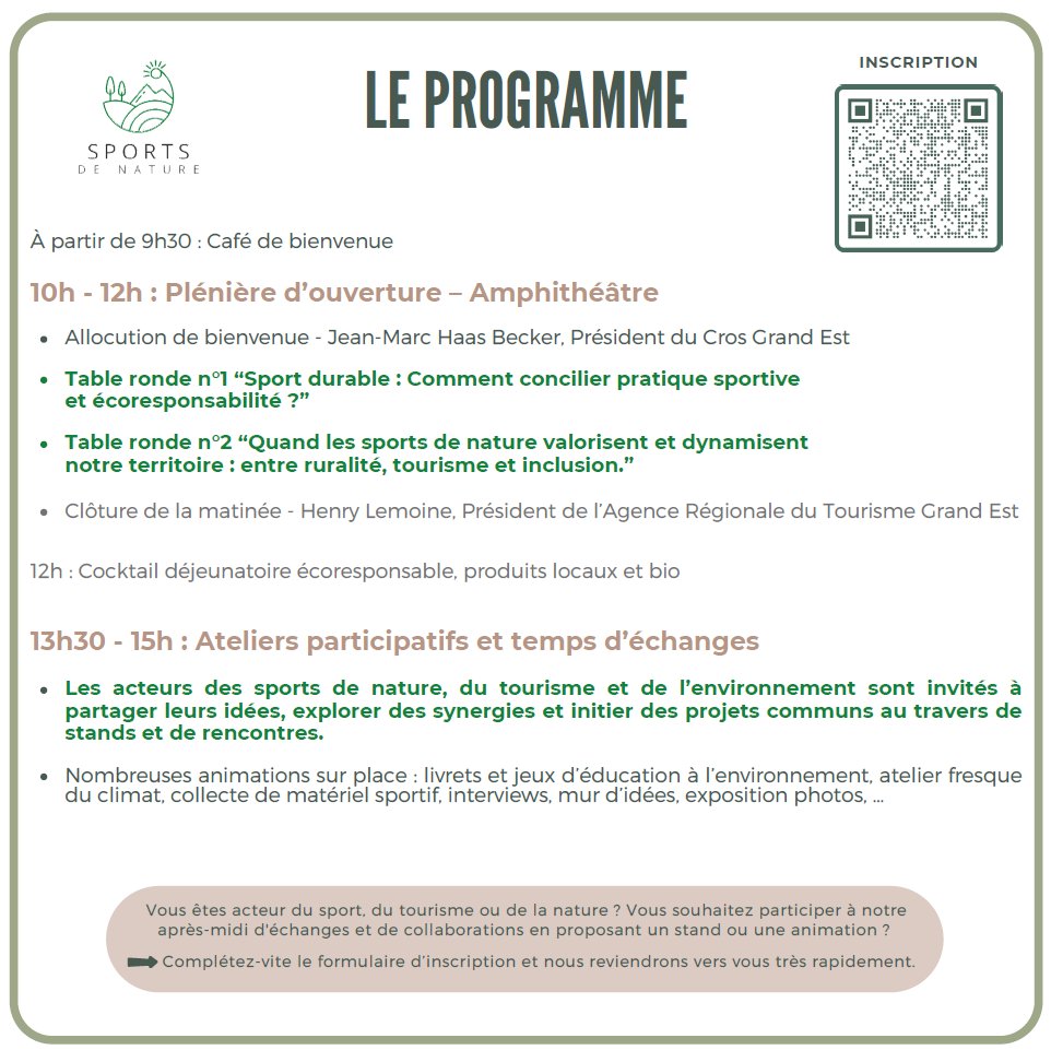 [#Invitation] 
Nous sommes ravis de vous convier aux Assises des Sports de Nature, un événement fédérateur réunissant les ligues et comités régionaux des sports de nature, les Parcs Naturels Régionaux, et les acteurs du tourisme et du développement durable..