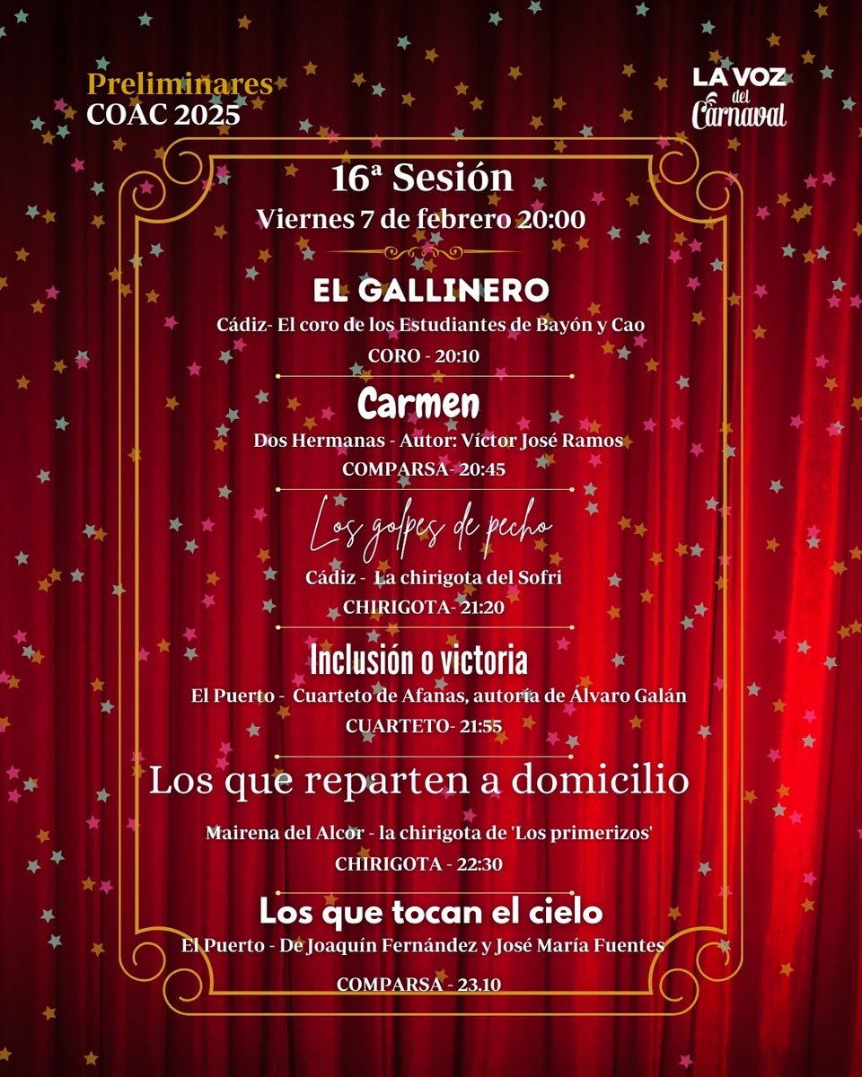 carnavaldecadiz's tweet photo. 🎭 Quién canta hoy viernes 7 de febrero en el COAC 2025: orden de actuación de la decimosexta sesión de preliminares en el Teatro Falla de Cádiz

📍https://t.co/w16zObjvJV https://t.co/agZyh0hTEO