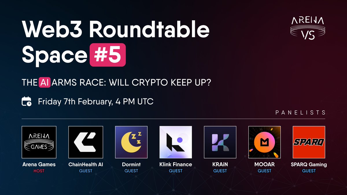 The AI arms race is heating up, but can crypto keep up? ⚡️🤖

Join us as we take a closer look at AI’s rapid growth and where Web3 fits into this revolution.

🔔https://t.co/ApVQ4vpMWH

🎙 Guests:
@chainhealthai
@Dormint_io
@klinkfinance
@krain_ai
@mooarofficial
@SparqGaming

🗓 Feb 7th | 4 PM UTC