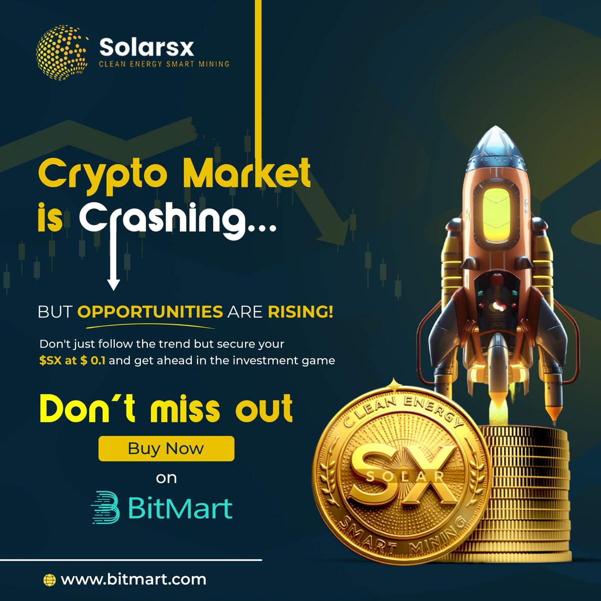 Solarsx04's tweet photo. While the crypto market is experiencing a dip, savvy investors know this is the perfect time to buy! 🚀

Grab your $SX at only $0.1 and stay ahead of the curve. 🪙  
👉 Take action now and secure your investment on BitMart [https://t.co/slD8j0nf2D]!

#SolarSX #SmartInvesting #CryptoOpportunities #SX #BuyLow #Blockchain #CryptoTrading #Altcoins #CryptoMarket #Ethereum #Bitcoin