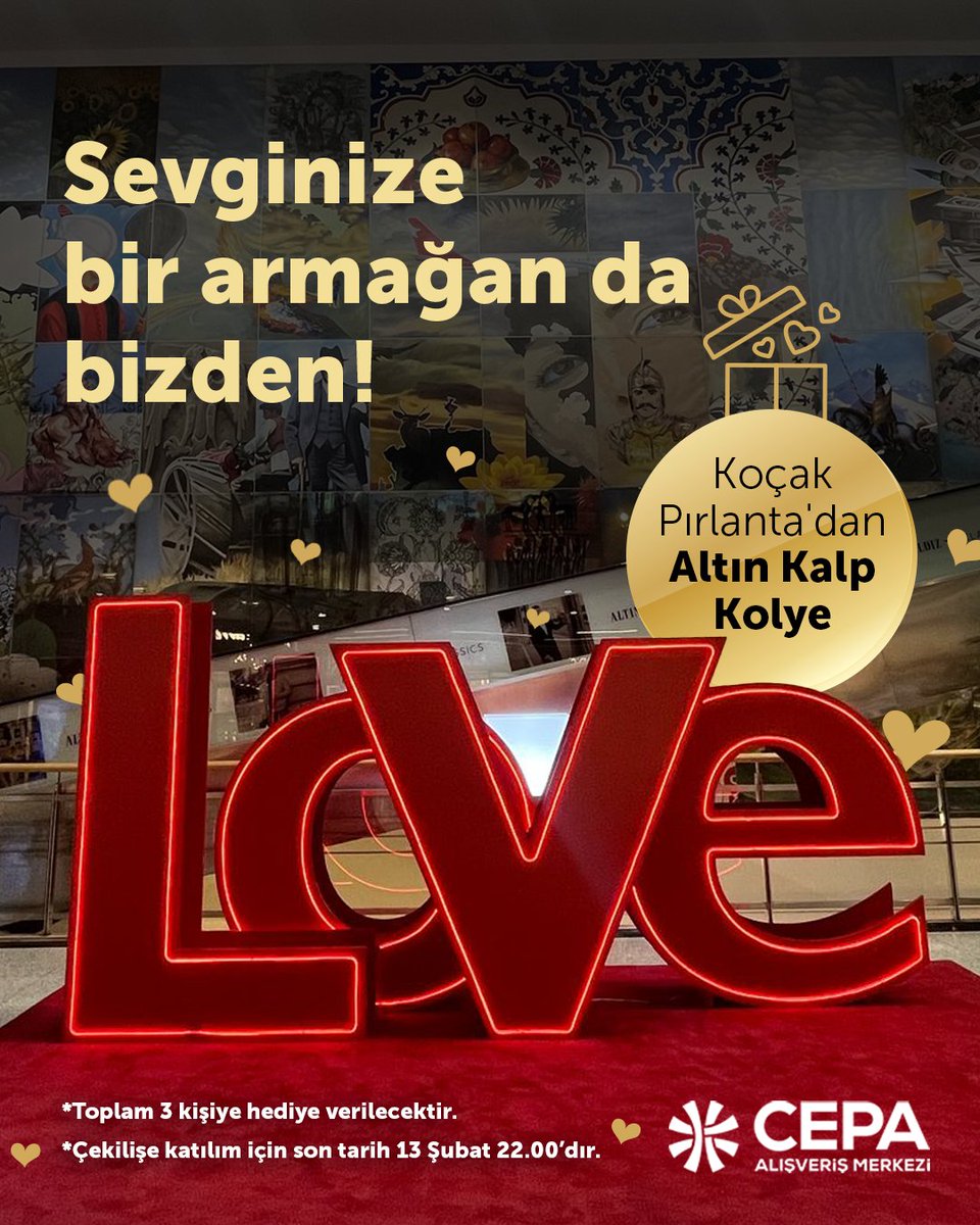 cepaavm's tweet photo. Sevgililer Günü’nü hediyelerle kutluyoruz!
Bu özel günde aşkı ve mutluluğu paylaşmak için CEPA AVM’den 3 şanslı kişiye Koçak Pırlanta altın kolye hediye! 
Hem şansa hem aşka inanıyorsan, fotoğrafını çek ve hediyeni kazan! https://t.co/9tHt9tbdaW