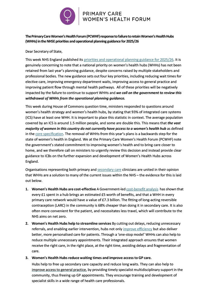 pcwhs_uk's tweet photo. We at the PCWHF share the concerns of the @RCObsGyn and @FSRH_UK about @NHSEngland removing Women's Health Hubs from the 2025/26 planning guidance. This decision is concerning and could have serious consequences. Please read our full letter to @wesstreeting for more details. https://t.co/iQwCcDgOrq