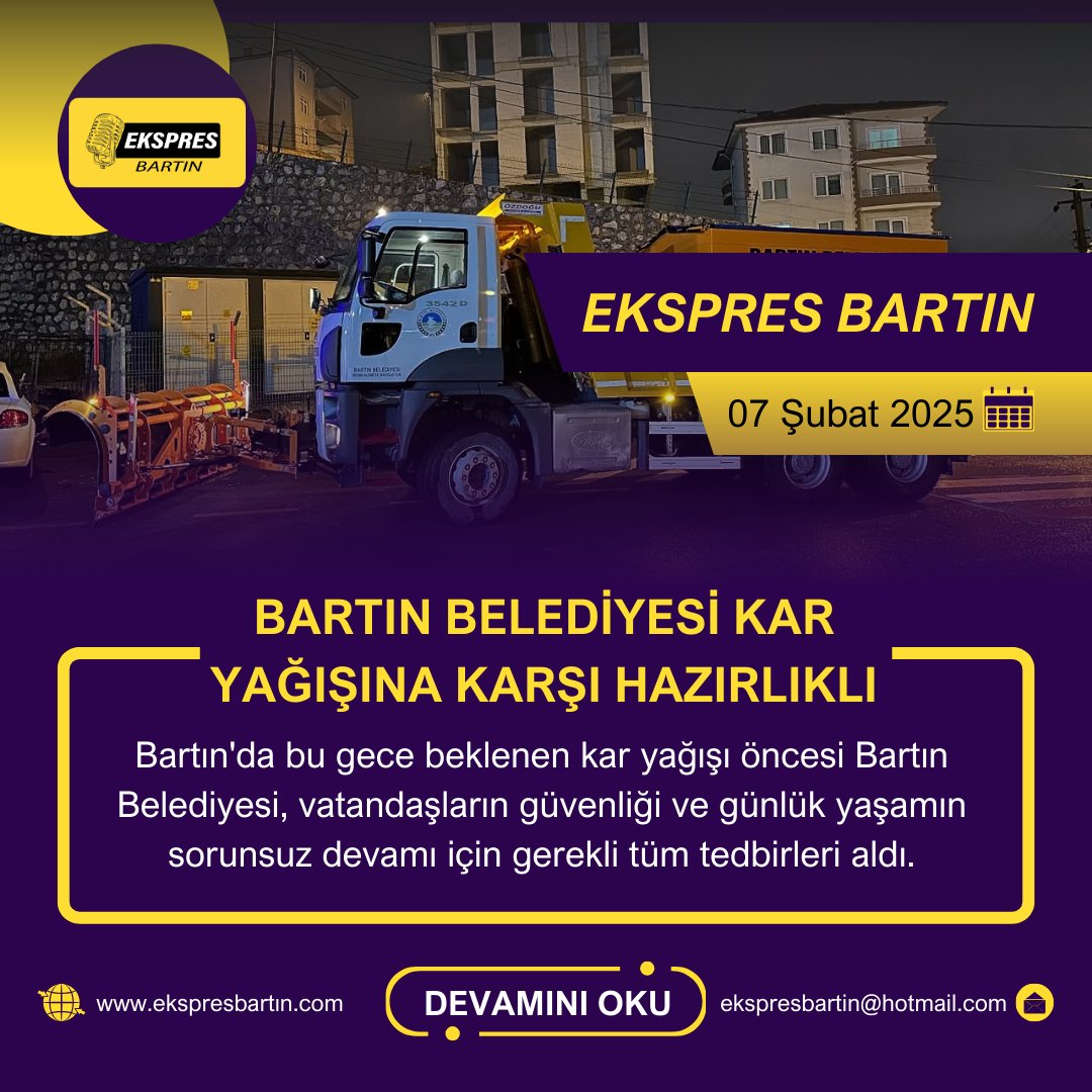 ekspresbartin's tweet photo. Bartın Belediyesi Kar Yağışına Karşı Hazırlıklı
Bartın'da bu gece beklenen kar yağışı öncesi Bartın Belediyesi, vatandaşların güvenliği ve günlük yaşamın sorunsuz devamı için gerekli tüm tedbirleri aldı. https://t.co/a08s8CFELg