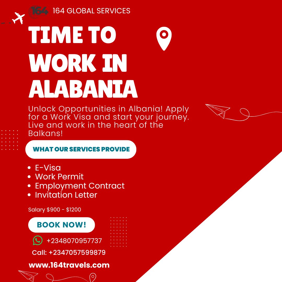 🌍 Looking to start your career in Albania? 

We provide complete visa &amp; work permit assistance:
✅ E-Visa
✅ Work Permit
✅ Employment Contract

Monthly salary range: $900-$1200

DM us to unlock your Balkan journey! 🇦🇱

#WorkInAlbania #JobOpportunities #ElonMusk #164travels