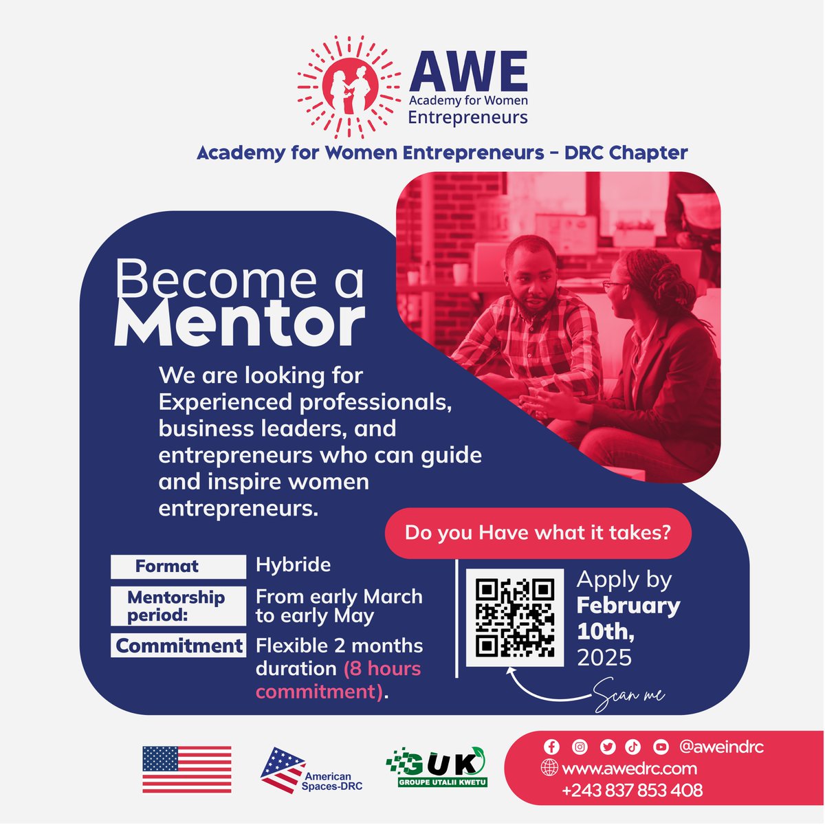 aweindrc's tweet photo. Volunteer Mentors Wanted!
Join the AWE DRC Cohort 2 Mentorship Program to guide women entrepreneurs in achieving their business goals.
📅 When: March - May 2024
 ⏳1-2 hours per week | 8 sessions
Sign up here: https://t.co/Hqtzi0s2tu
Let’s make a difference!
#AWEDRC https://t.co/0LbMzN6508