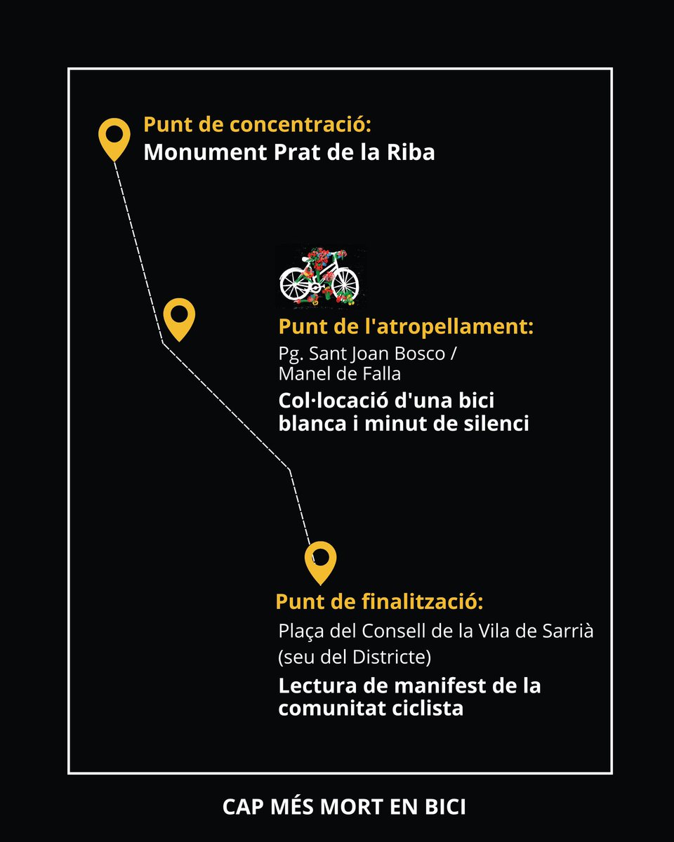 🔴 L'Hugo Fernández va ser atropellat mortalment a <a href="/Bcn_SSTG/">Sarrià - Sant Gervasi</a> el passat mes de gener.

🕯️ El dijous 20 de febrer a les 19:30 h el recordarem amb una bicicleta blanca i un recorregut en la seva memòria. 😢
📍 Monument Prat de la Riba, Sarrià

🚲 Cap més mort en bici! #bicibcn