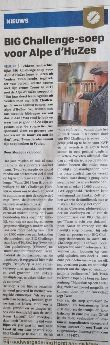 BIGChallenge (@bigchallenges) on Twitter photo Onze super vrijwilliger <a href="/twanjacobs/">Twan Jacobs ☕</a> maakt al jaren soep voor <a href="/alpedhuzes/">Alpe d'HuZes</a> . Lekkere goulash-, tomaten- of truujesoep. Bestellen mag soepvooralpedhuzes@gmail.com en ingrediënten zijn ook welkom! <a href="/kwf_nl/">KWFKankerbestrijding</a> Onze super vrijwilliger <a href="/twanjacobs/">Twan Jacobs ☕</a> maakt al jaren soep voor <a href="/alpedhuzes/">Alpe d'HuZes</a> . Lekkere goulash-, tomaten- of truujesoep. Bestellen mag soepvooralpedhuzes@gmail.com en ingrediënten zijn ook welkom! <a href="/kwf_nl/">KWFKankerbestrijding</a>
