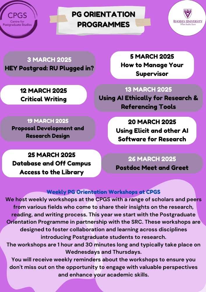 CPGS is thrilled to launch our 2025 PG Orientation programmes, tailored for postgrads and researchers like YOU!

Join our mailing list: cpgs@ru.ac.za

Follow us on our pages:
TikTok: tiktok.com/@cpgsru?lang=en
YouTube: youtube.com/@CentreForPost…
Instagram: instagram.com/rhodesuniversi…