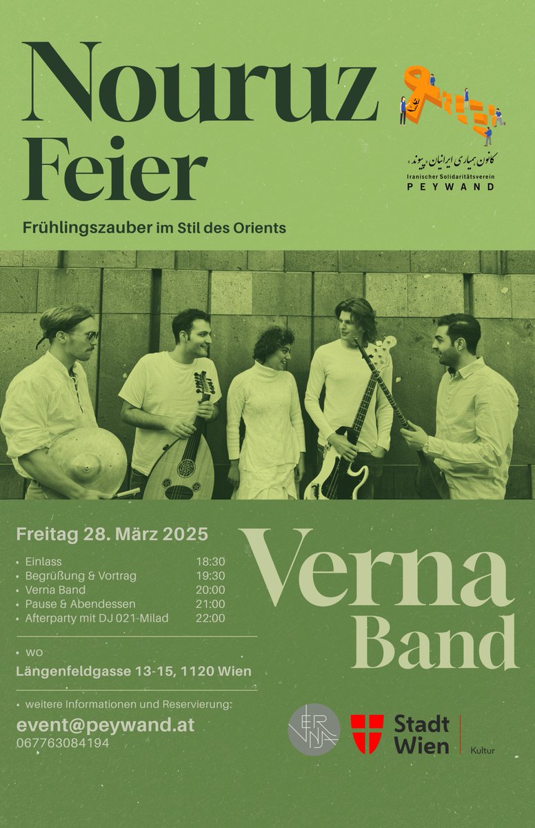 We are excited to invite you to our Nouruz-Feier concert!
📆 Date: March 28th, 18:30
📍 Location: Längenfeldgasse 13-15, 1120 Wien
🎟️ For tickets and more information:
📞 067763084194
📧 event@peywand.at
Organized by <a href="/ms/">Matt Shampine 차민근</a>.peywand – Supporting MS patients in Iran for over 10 years.