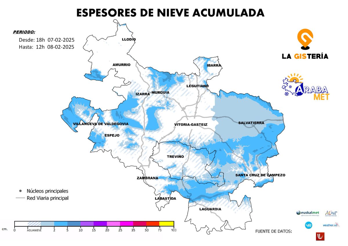 ℹ ❄ Mapa con los espesores de nieve máximos más probables que se pueden acumular en #Álava entre hoy viernes 7 a las 18h y mañana sábado 8 a las 12h. 
Gracias una vez más a <a href="/la_GISteria/">La GIStería</a> por su colaboración en la elaboración. 
#elurra