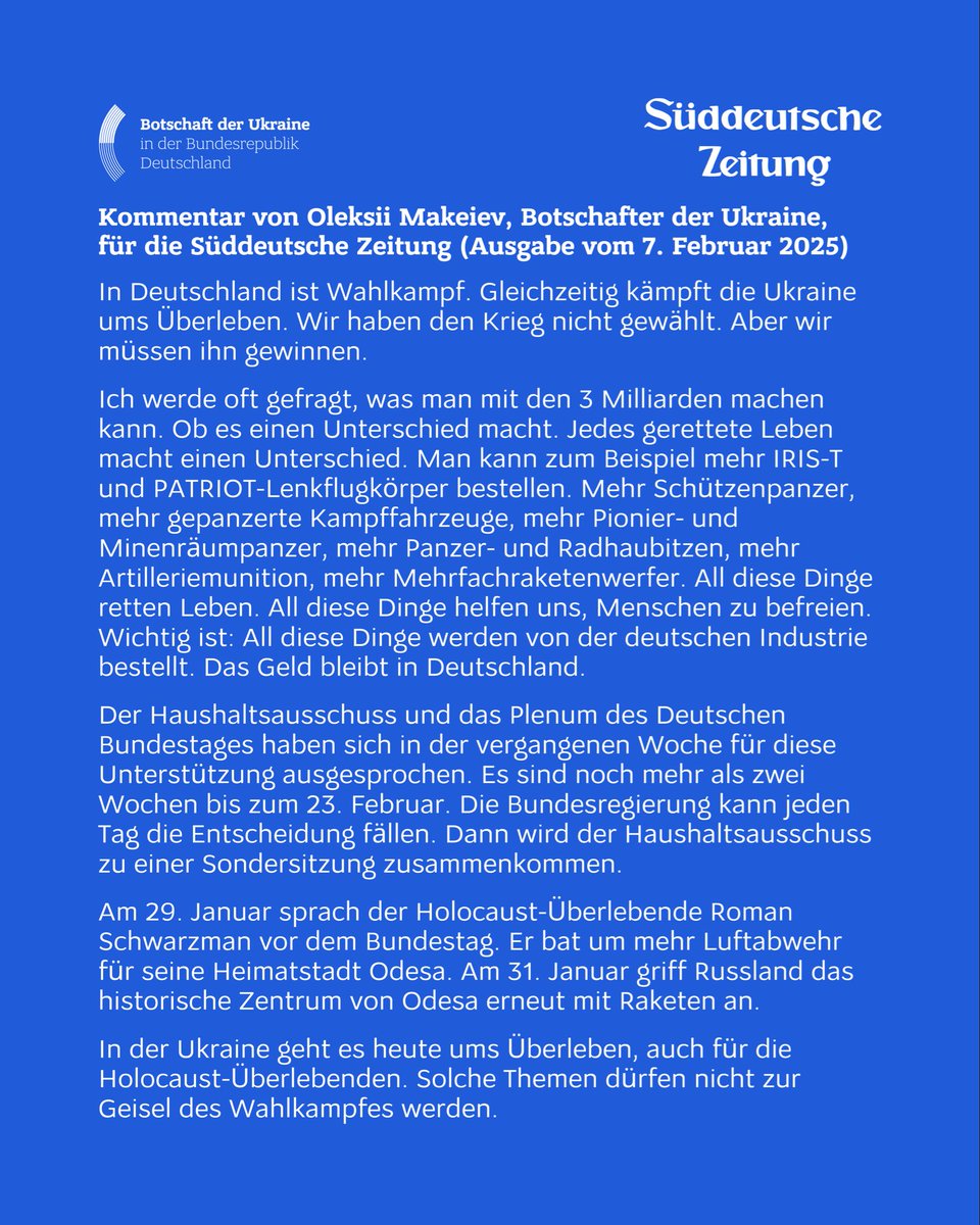 Makeiev's tweet photo. Noch zwei Wochen bis zur Bundestagswahl. Jeden Tag kann die Bundesregierung über zusätzliche Militärhilfe entscheiden.

Das Überleben darf nicht zur Geisel des Wahlkampfes werden.

Mein Kommentar für @SZ
🔗 https://t.co/31RlbC09cr https://t.co/h73hzwvQLL