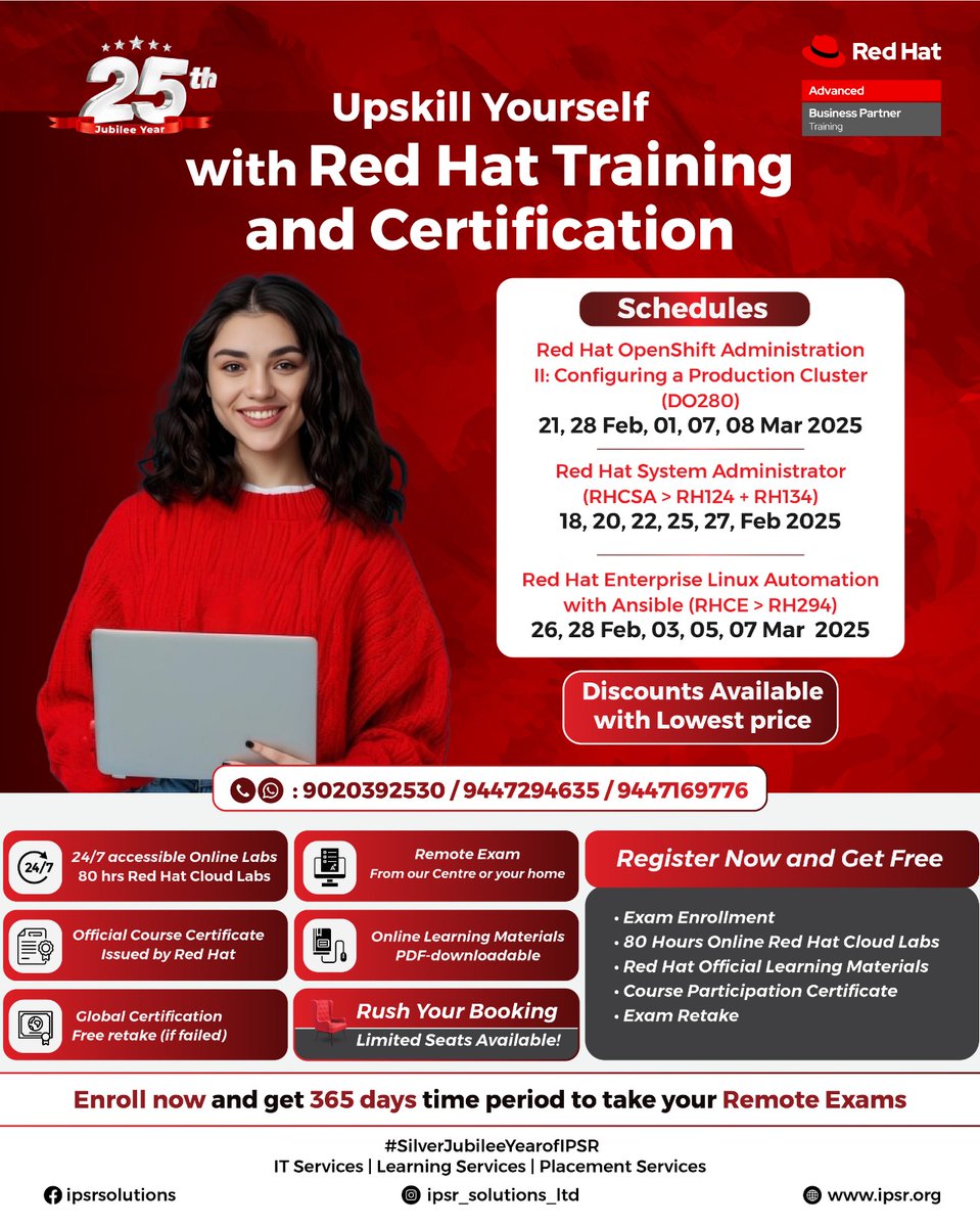 ipsr_solutions's tweet image. Take your IT career to the next level with industry-recognized Red Hat certifications!

Contact : sigin.george@ipsrsolutions.com
Call / WhatsApp : +91 90203 92530 for more details.

#EverythingForAI #EverythingForITCareer #SilverJubileeYearofIPSR #redhatopenshiftadministration
