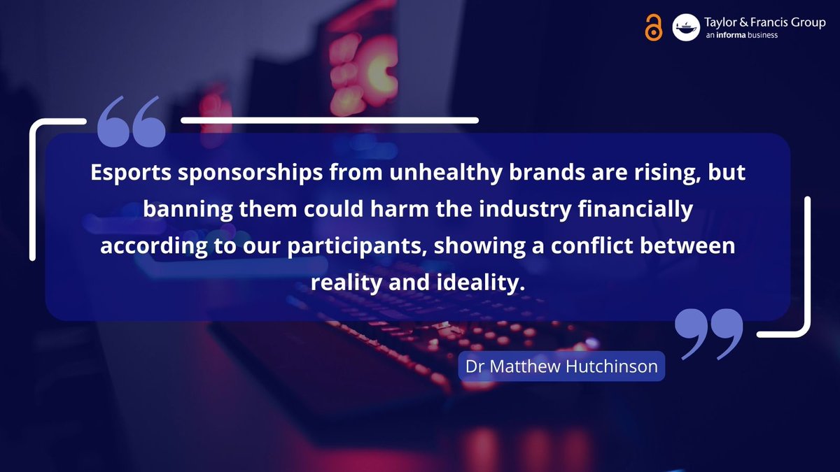 Taylor&Francis News (@tandfnewsroom) on Twitter photo The "wild west" of esports sponsorships is crowded with "unhealthy" brands finds <a href="/IntJSPP/">IJSPP</a> study š„ļø
<a href="/MattHutch96/">Matt Hutchinson</a> <a href="/Qi_Peng2015/">Dr Qi Peng</a> <a href="/leahgillooly/">Dr Leah Gillooly</a> say guidance focusing on healthy consumption rather than outright sponsor bans are needed to protect the community.
spr.ly/6013xComD The "wild west" of esports sponsorships is crowded with "unhealthy" brands finds <a href="/IntJSPP/">IJSPP</a> study š„ļø
<a href="/MattHutch96/">Matt Hutchinson</a> <a href="/Qi_Peng2015/">Dr Qi Peng</a> <a href="/leahgillooly/">Dr Leah Gillooly</a> say guidance focusing on healthy consumption rather than outright sponsor bans are needed to protect the community.
spr.ly/6013xComD