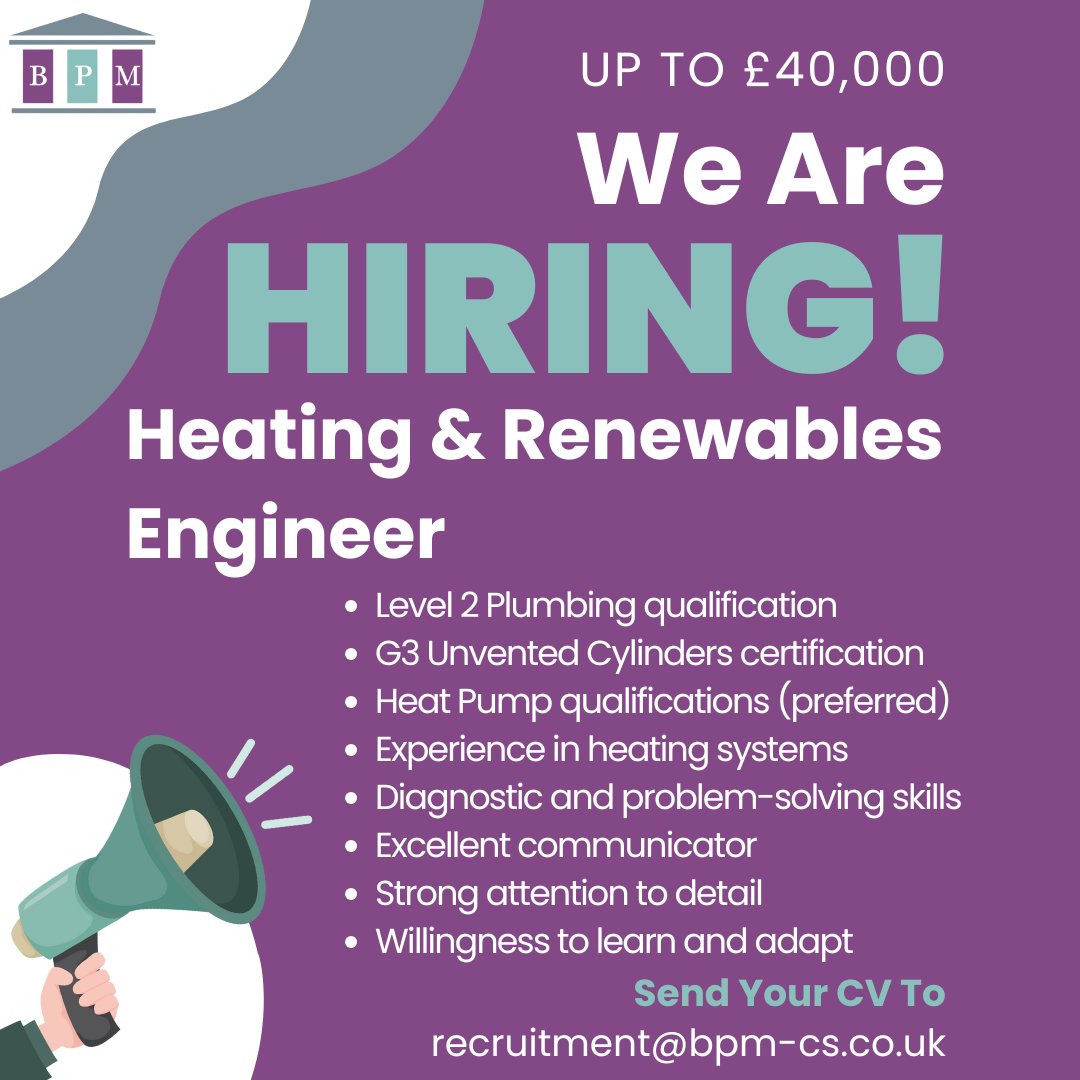 BPM_CS's tweet image. 🌱 RENEWABLE ENERGY CAREER OPPORTUNITY! - Up to £40K! Full benefits + company vehicle. Level 2 Plumbing &amp;amp; G3 required. Join our team! CV to mailto:recruitment@bpm-cs.co.uk 

#RenewableEnergy #GreenJobs #Engineering #Sustainability #Careers #JoinOurTeam #BPMContractingServices