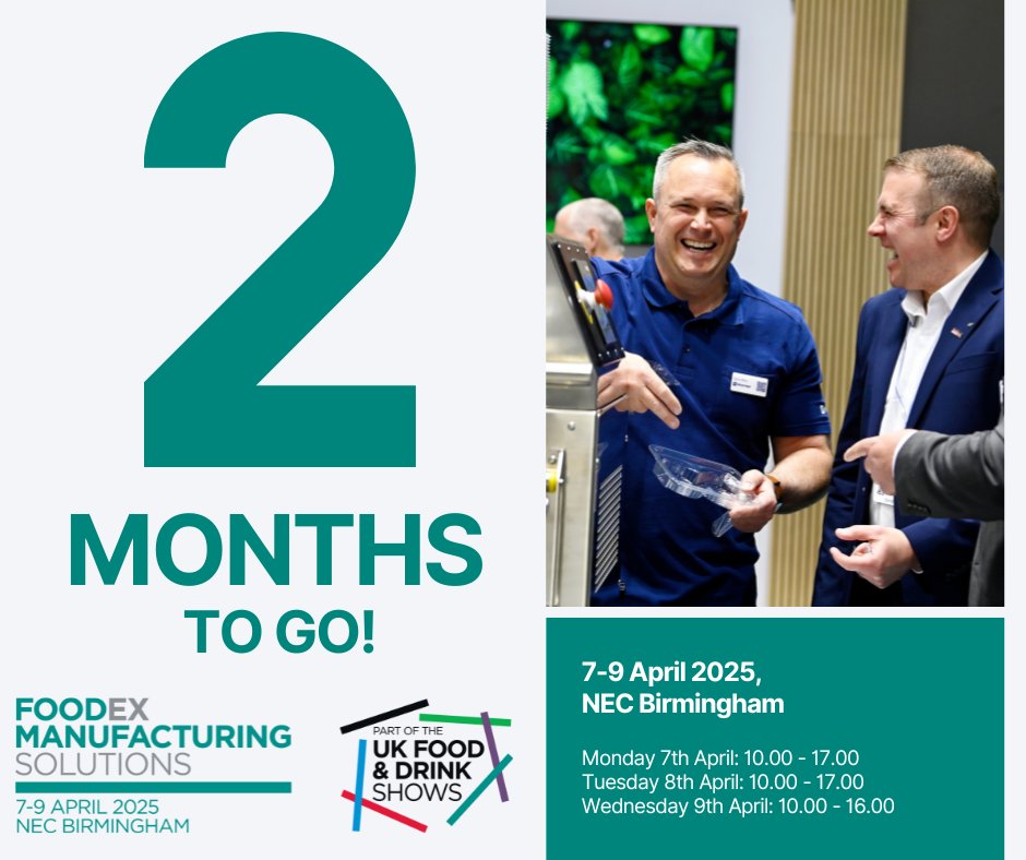 Foodex's tweet photo. We only have two months to go until we open our doors for Foodex Manufacturing Solutions 2025 👏

#FMS2025 is the UK’s leading trade event for the food and drink processing, packaging and logistics industries! 

Register for your free ticket today ➡️ https://t.co/GZiGoZyyzq https://t.co/sSFVJcDrrO