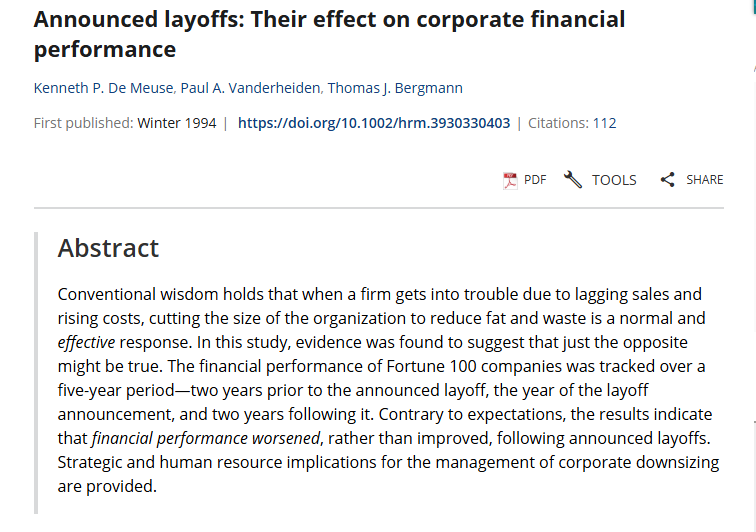 memorynguwi's tweet photo. Right, let’s talk about layoffs and why companies might want to think twice before swinging the axe!

So, there’s this fascinating study that tracked Fortune 100 companies over five years—two years before a layoff, the year of the layoff announcement, and two years after. The big idea? Layoffs are supposed to help struggling companies cut costs and bounce back financially. But here’s the kicker… the data says otherwise!

Turns out, financial performance actually got worse after companies announced layoffs. Yep, instead of the expected turnaround, they ended up in a bigger slump.

What’s going on here? Well, there are a few likely reasons:

Layoffs kill morale—survivors feel insecure, disengaged, and less productive.

Companies lose key talent—not just those laid off, but high performers who see the writing on the wall and jump ship.

The supposed “cost savings” often get wiped out by recruitment and training costs later when companies realize they need people back.

So, what’s the takeaway? If you’re considering layoffs, think beyond the short-term fix. The numbers suggest that job cuts aren’t the magic bullet struggling companies hope for. Maybe the real focus should be on fixing the business model, driving efficiency, or investing in innovation instead. 

Makes sense, right?
@ipcconsultants