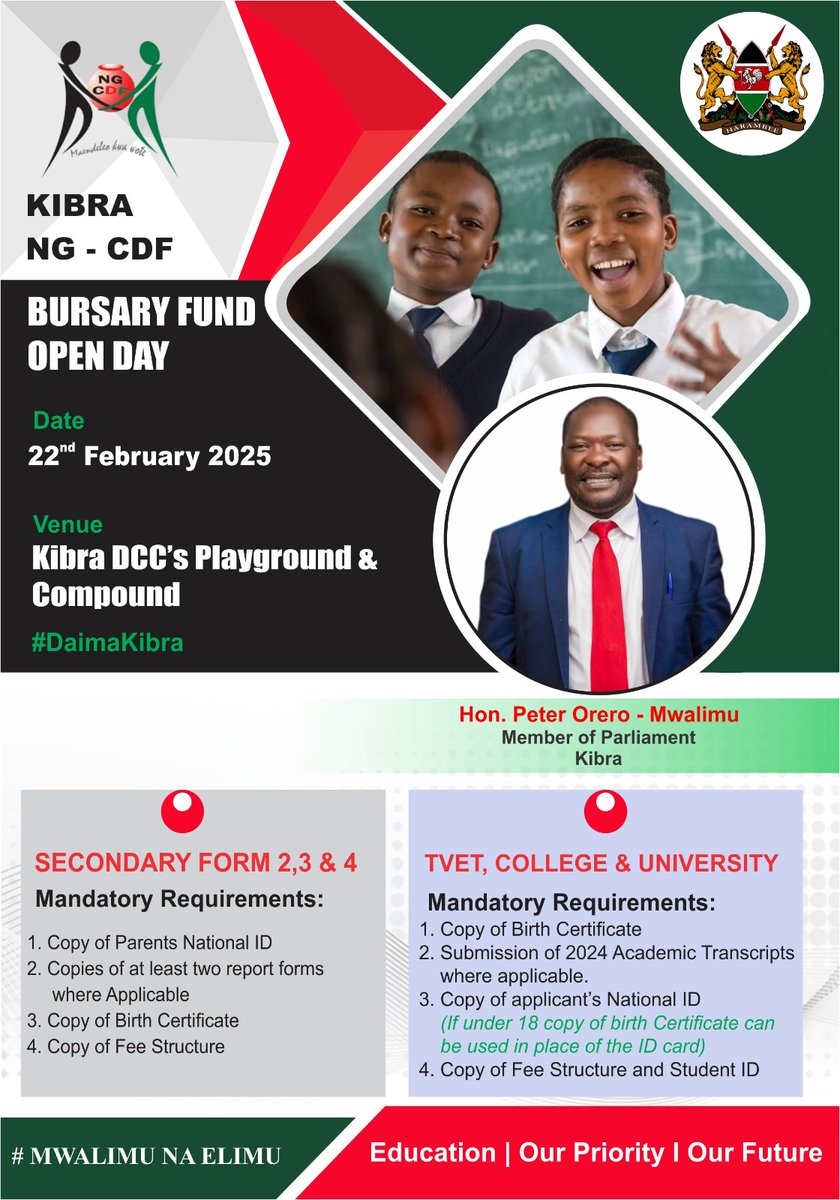 📢 Attention Kibra residents!

The Kibra NG-CDF Bursary Fund Open Day is set for 22nd February 2025 at Kibra DCC’s Playground &amp; Compound.

Parents &amp; and students don't miss this chance to secure bursary support for secondary, TVET, college &amp; university education. 📚