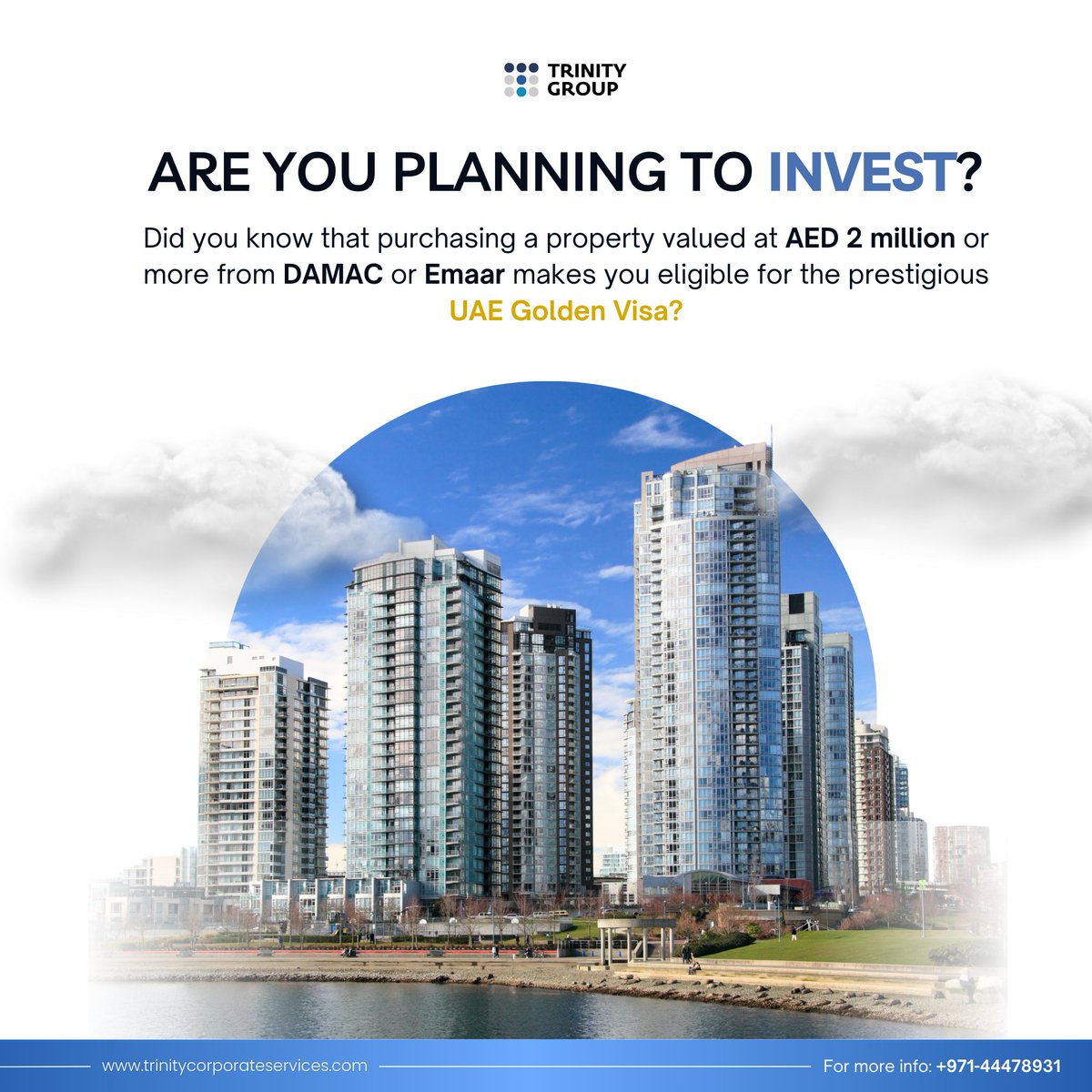 Invest in properties valued at AED 2 million or more and secure a 10-yr residency, offering tax benefits, family inclusion, &amp; exclusive opportunities in a growing economy. 🌍

Contact us +97144478931 &amp; start your journey today! 📞
trinitycorporateservices.com/uae-golden-visa
#goldenvisa #trinitygroup