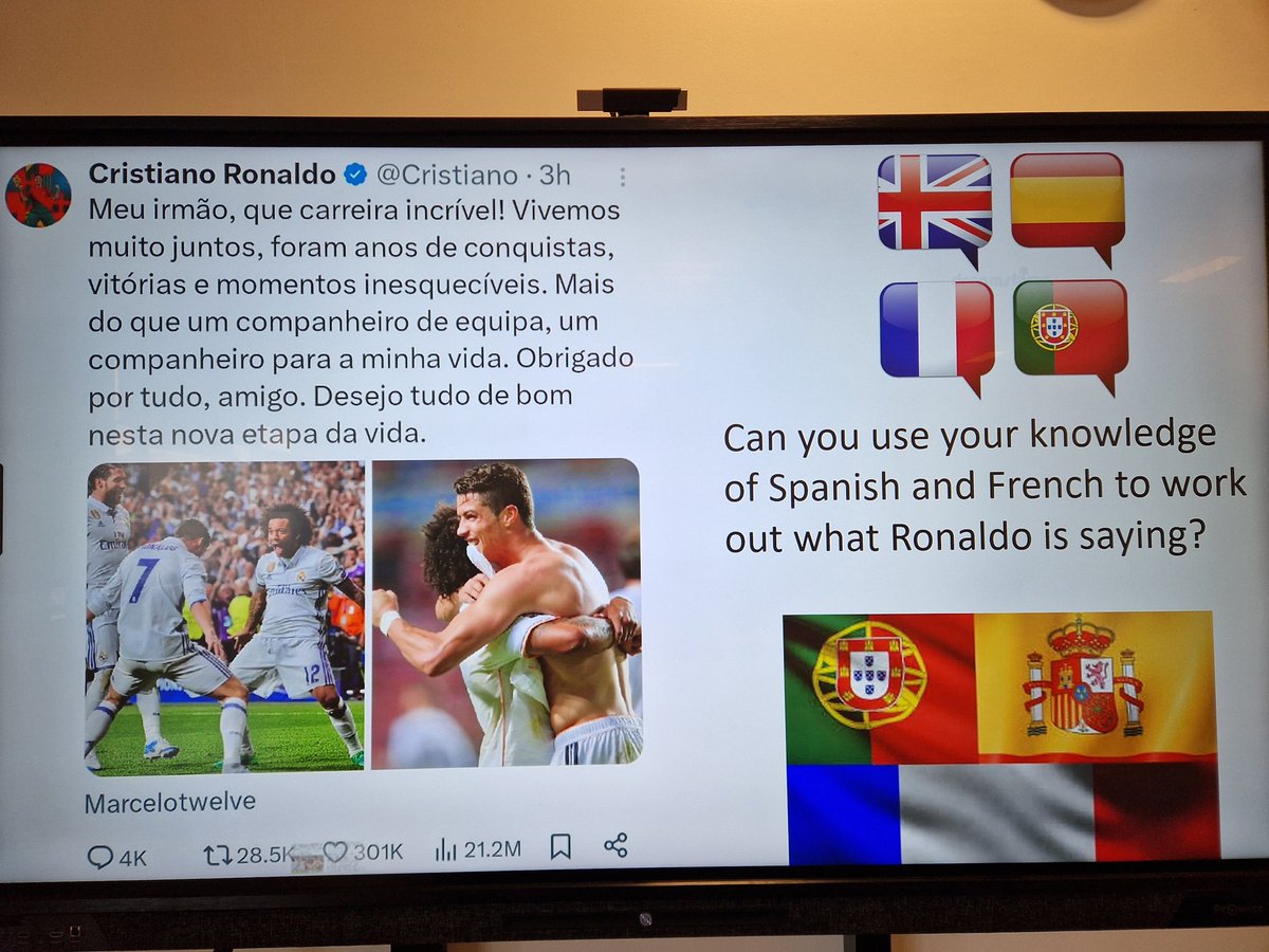 MissIrwin_ML's tweet photo. My S3 Spanish pupils were able to notice the links between languages and use their knowledge of Spanish, French, and Italian to successfully understand most of Ronaldo's Portuguese message.
๐ต๐น๐ช๐ธ๐ซ๐ท๐ฎ๐น
#LanguagesWeekScotland
#ScotlandLovesLanguages https://t.co/9N8sXCJsCG