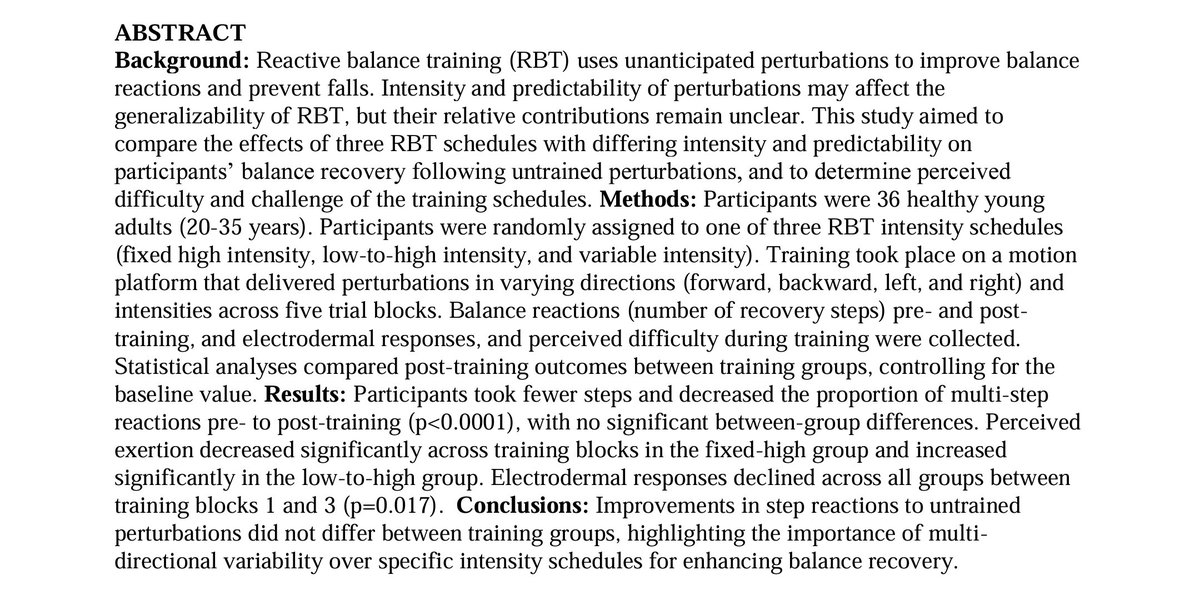 Christopher McCrum (@chrismccrum) on Twitter photo Pleased to share our new preprint
"The impact of perturbation intensity schedule on improvements in reactive balance control in young adults: an experimental study"
together with <a href="/AvrilMansfield/">Avril Mansfield</a>
#balance #stability #falls #openaccess
biorxiv.org/content/10.110⦠Pleased to share our new preprint
"The impact of perturbation intensity schedule on improvements in reactive balance control in young adults: an experimental study"
together with <a href="/AvrilMansfield/">Avril Mansfield</a>
#balance #stability #falls #openaccess
biorxiv.org/content/10.110ā¦