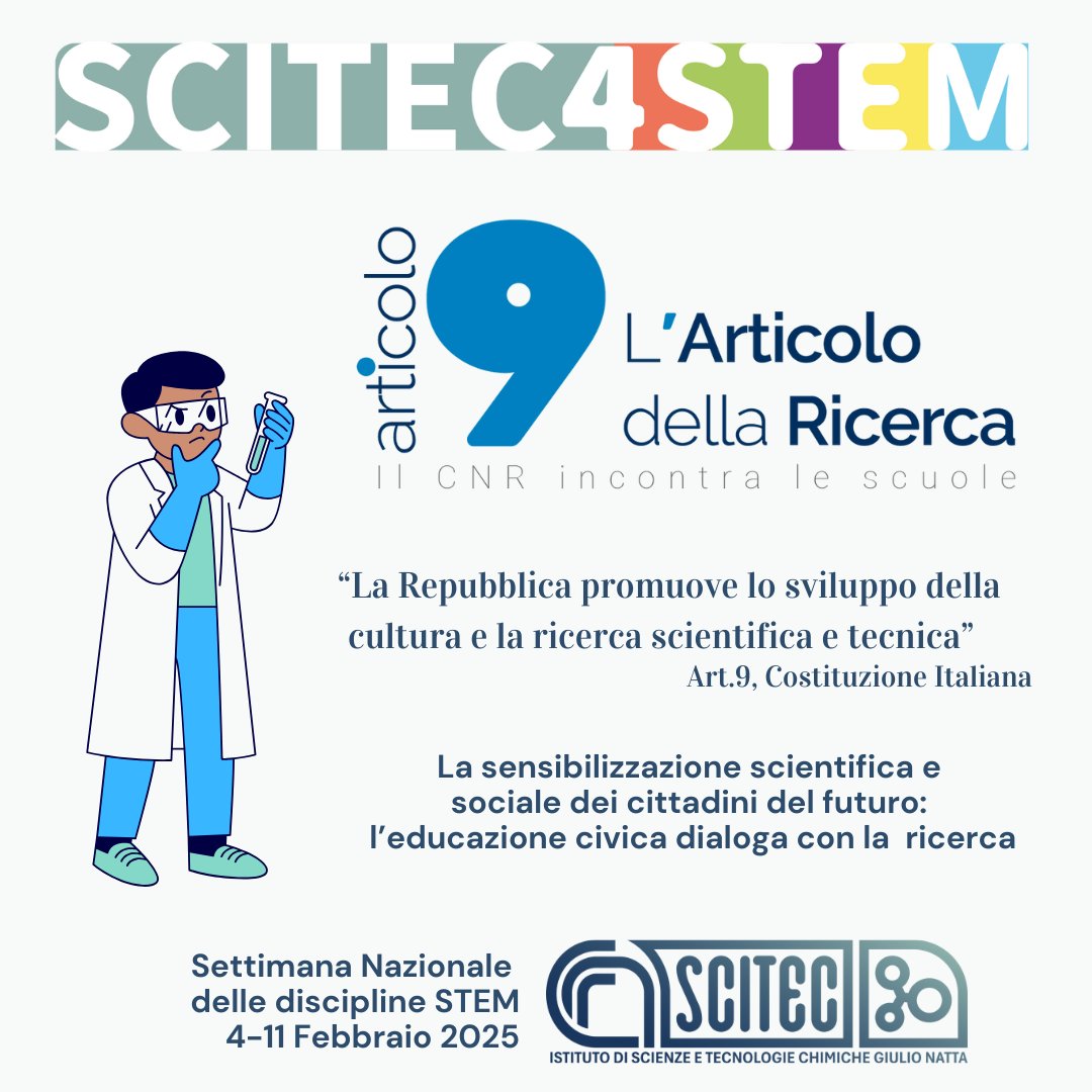 cnr_scitec's tweet photo. 📣articolo9 L'Articolo della Ricerca il CNR incontra le scuole
Evento realizzato da istituti CNR presenti @ CNRMilano
Coordinati da @cnr_scitec
Percorsi frontali e lab didattici dedicati @ scuola quali attività di trasferimento della conoscenza su territorio lombardo #SCITEC4STEM https://t.co/Gx2rH9R3Ez