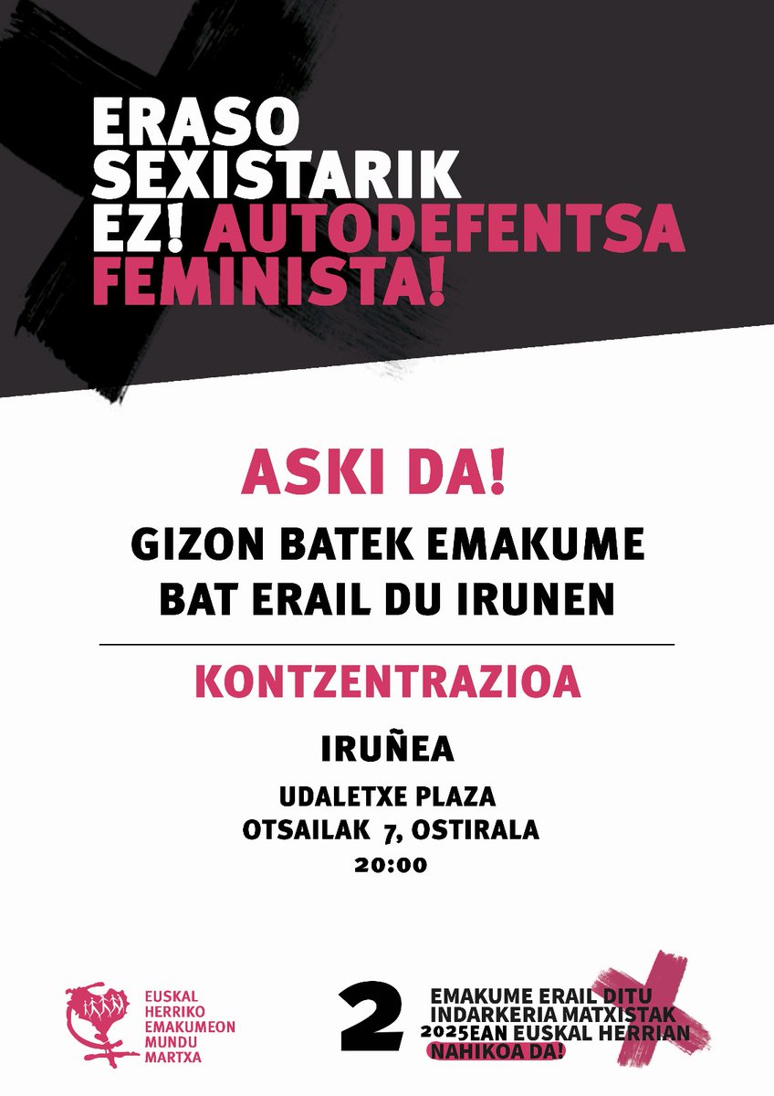🚨 Una mujer asesinada por su hijo en Irun. 
🚨 Emakume bat hil du bere semeak Irunen. 

ASKI DA! 
Concentración en Iruñea: 
Otsailak 7 ostirala / Viernes 7 de febrero 
20:00 
Plaza del Ayuntamiento