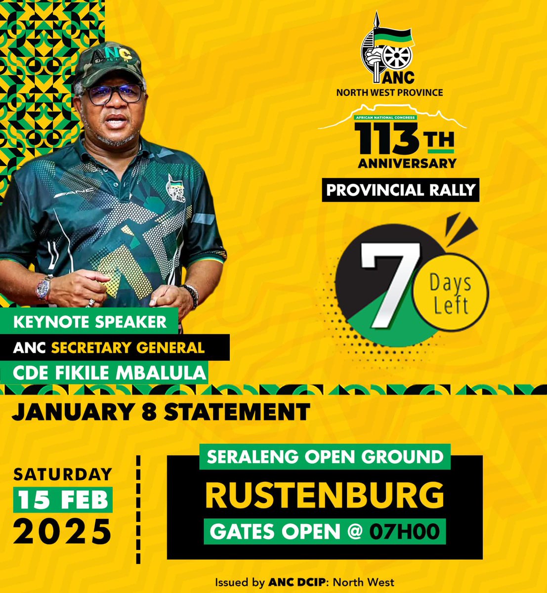 COUNTDOWN ⏱️ 

ANC's SG is set to lead the #nwancprovincialrally

📍Seraleng Open Ground

#letsdomoretogether