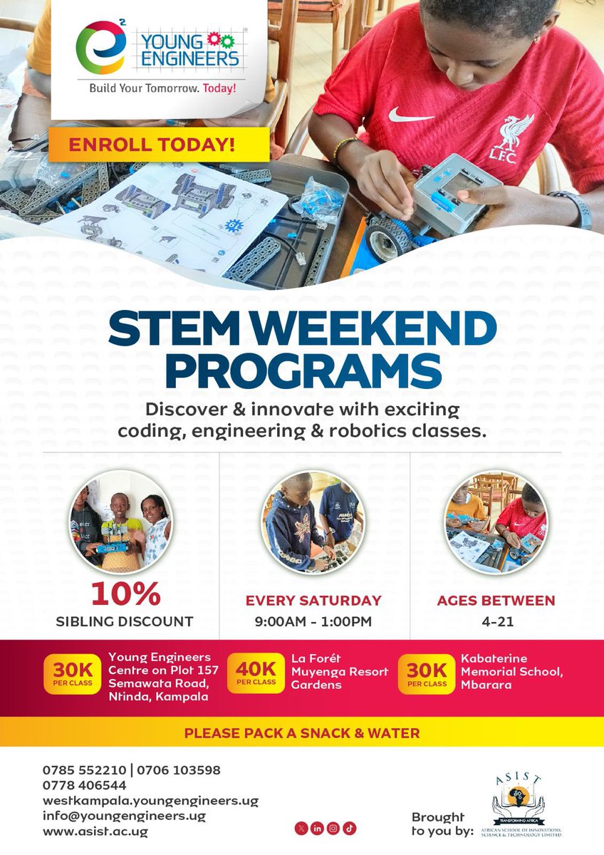 YoungEngneersUG's tweet image. 🚀 STEM Weekend Programs Are Here! 🚀
Choose your preferred location and let the fun begin! 🎉
📍 Young Engineers Center – Plot 157 Semawata Road, Ntinda
📍 La Forét Muyenga Restort Gardens
📍 Kabaterine Memorial School, Mbarara
Unleash your child’s creativity with robotics,…