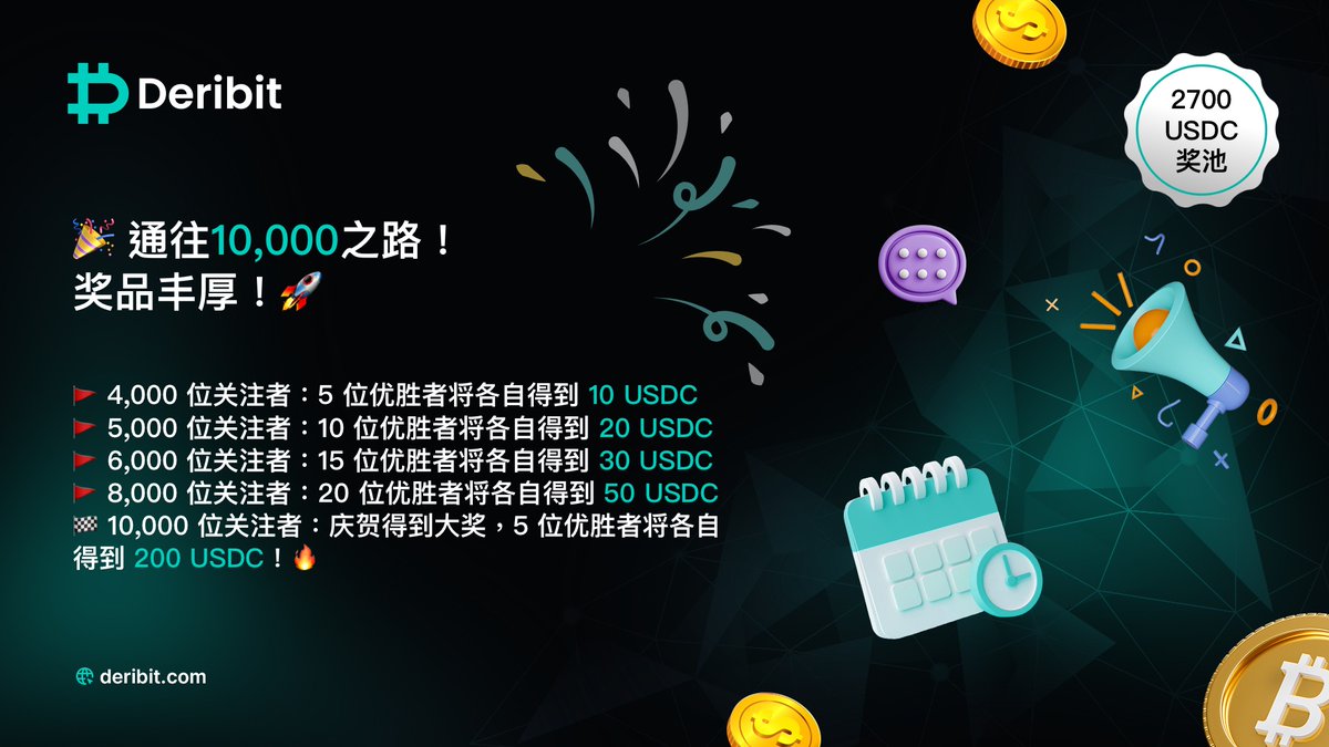 帮我达到 10K！🚀 让我们一起构建 Deribit 交易社区。邀请您的朋友，参与并与我们的交易社区一起成长，有机会赢得大奖！🎯 您有机会成为少数赢得 200 USDC 的人！

📢 里程碑奖励：
🔹 4,000 位关注者 – 5 位优胜者将各自得到 10 USDC
🔹 5,000 位关注者 – 10 位优胜者将各自得到 20 USDC
🔹 6,000