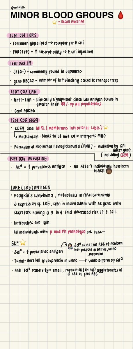 rmtfelice's tweet image. 🩸BLOOD BANKING: MINOR BLOOD GROUPS 🩸

crash course ng lagi nating nileleft-out sa bb!!

⭐️ - recall questions
🟧 - null phenotypes