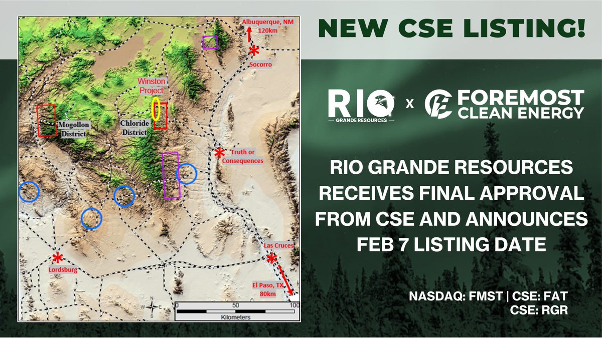 fmstcleanenergy's tweet photo. 🚨@RioGrandeRGR gets FINAL approval from the CSE! The company will begin trading under the symbol $RGR at market open on February 7th, 2025. 

These #gold & #silver assets in New Mexico are set to shine! 🌟Read the full release here: https://t.co/uDTJEkQXeY

$FMST $FAT.C
#PreciousMetals