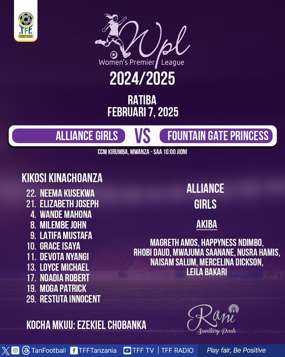Ligikuuwanawake (@ligikuuwanawak) on Twitter photo Kikosi cha Alliance Girls kinachoanza dhidi ya Fountain Gate Ligi Kuu ya Wanawake (TWPL) 2024/2025
<a href="/Ligikuuwanawak/">Ligikuuwanawake</a> <a href="/CAF_Online/">CAF_Online</a> @ranisanitary Kikosi cha Alliance Girls kinachoanza dhidi ya Fountain Gate Ligi Kuu ya Wanawake (TWPL) 2024/2025
<a href="/Ligikuuwanawak/">Ligikuuwanawake</a> <a href="/CAF_Online/">CAF_Online</a> @ranisanitary