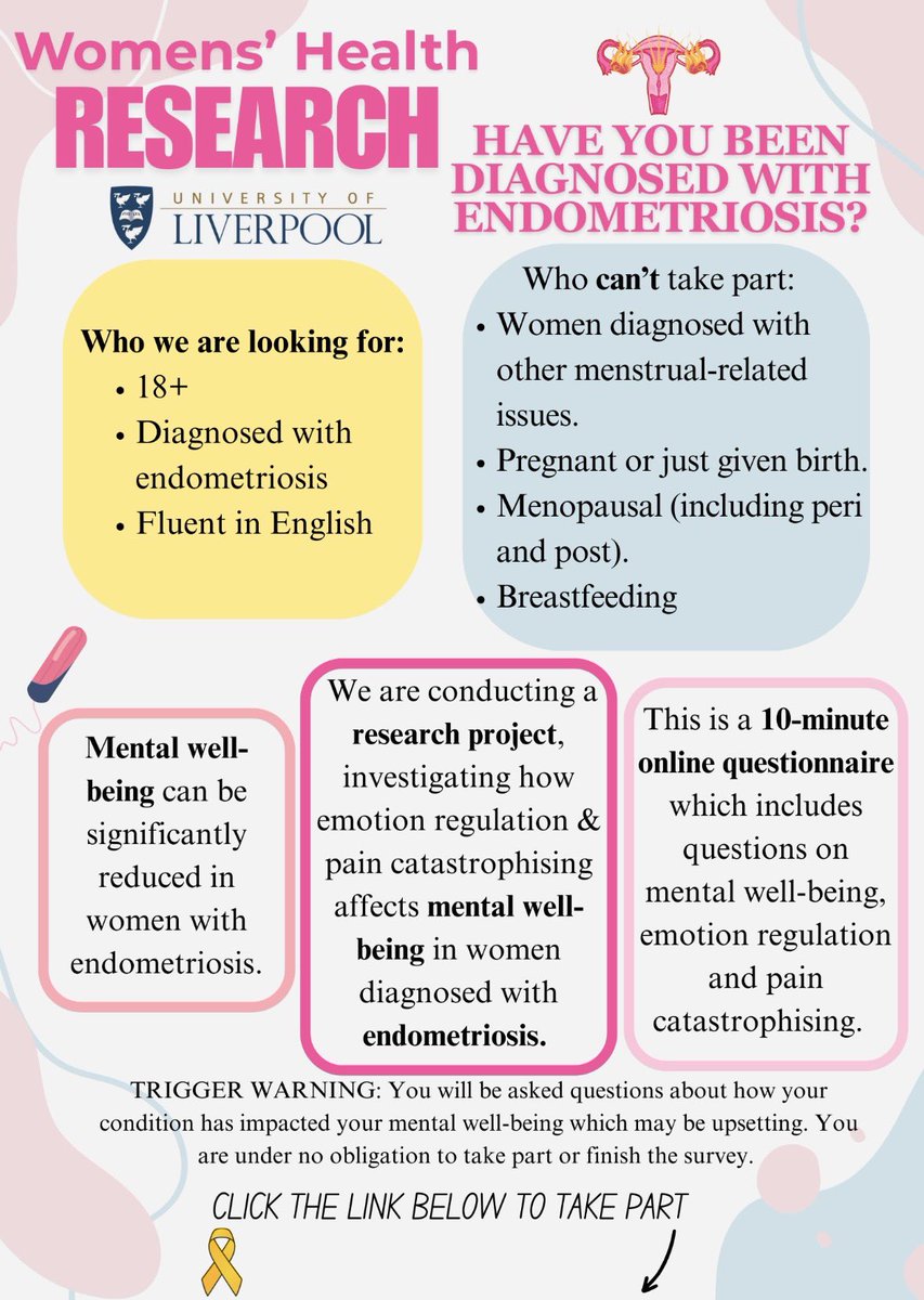 Looking for women with endometriosis  (either diagnosed or in the process of being diagnosed) to complete a short survey looking at mental wellbeing for a masters project. Please see the advert below and if eligible, consider taking part 😊 Please share! livpsych.eu.qualtrics.com/jfe/form/SV_e9…