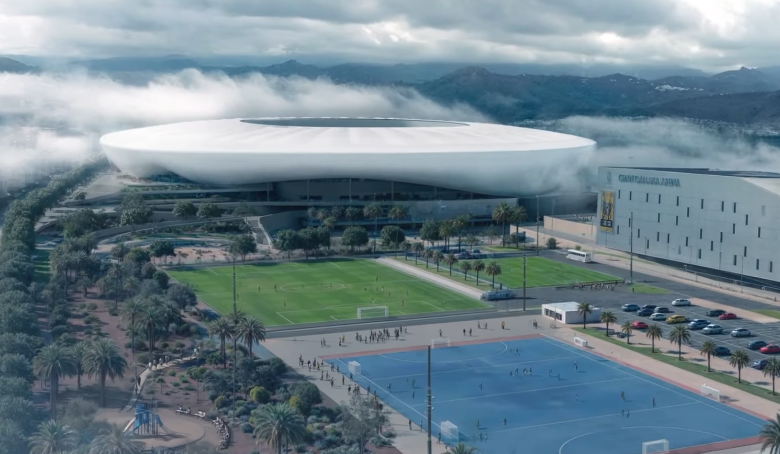 AMoralesGC's tweet photo. Esta mañana presentamos el nuevo Estadio de Gran Canaria, un icono arquitectónico que completará, junto al Gran Canaria Arena una dupla deportiva indiscutible.

La Nube, como se llamaba la propuesta ganadora, aprovecha la humedad para convertirla en energía. https://t.co/61l0O4dEdW