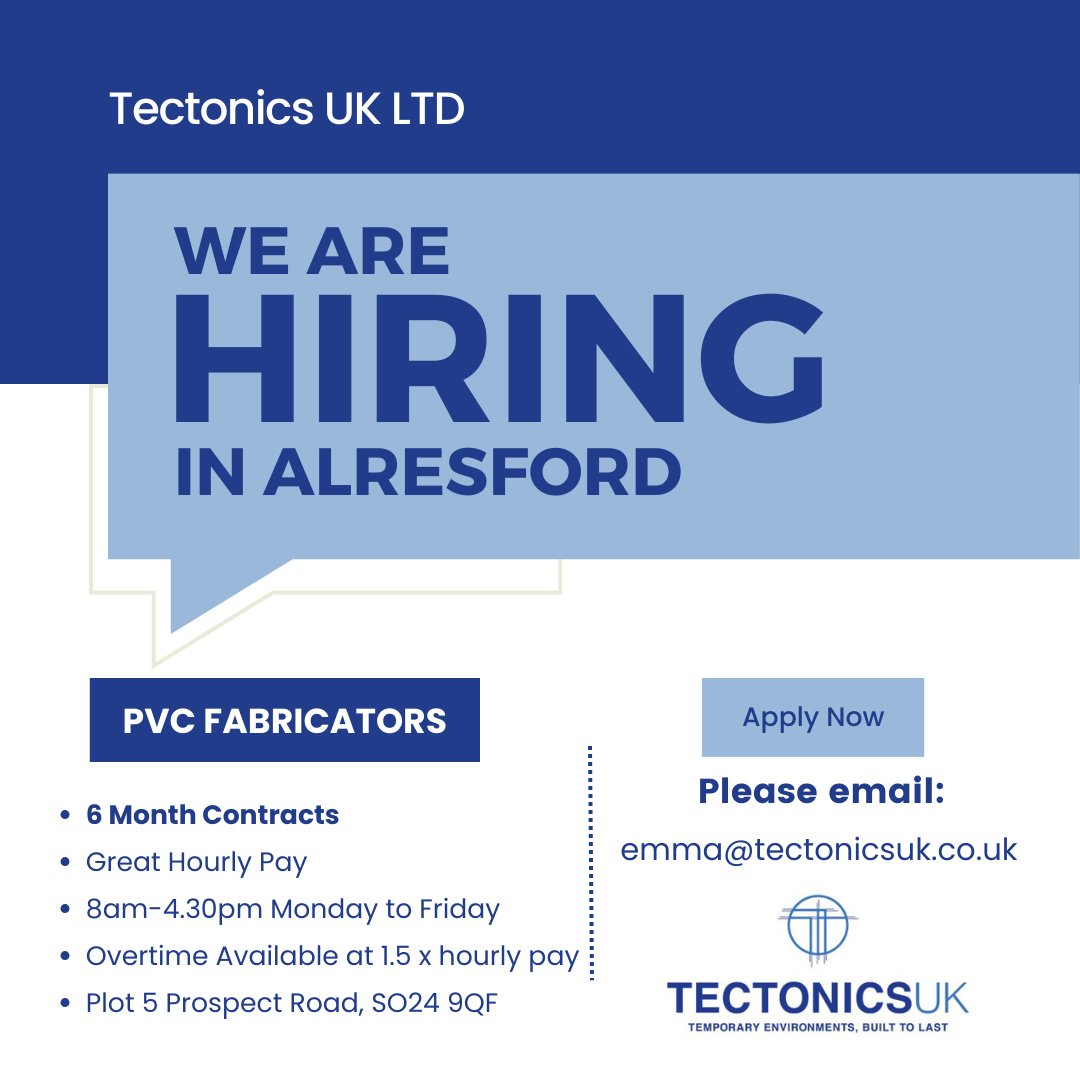 Looking for a short-term position lasting around six months? We offer competitive pay, with opportunities to boost your earnings through overtime at 1.5 times your standard rate. Sociable hours, free parking, and a friendly atmosphere. Email us at emma@tectonicsuk.co.uk