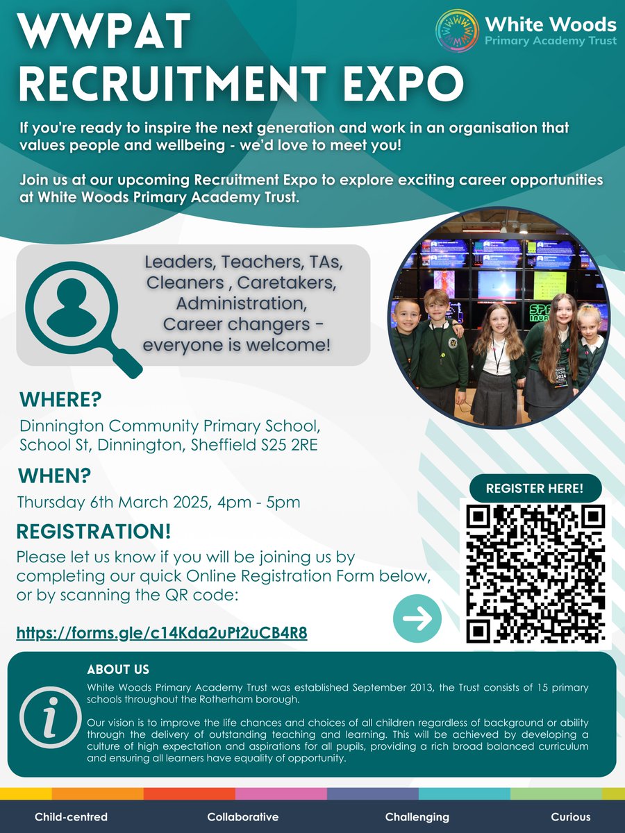 Places are filling up! 😆

Join us at our first Recruitment Expo! 
Find out more about our approach to #Behaviour, the WWPAT #Wellbeing offer, #SchoolImprovement, #CareerOpportunities - Why White Woods? Why #Education? 💭

Click the link below to sign up!
forms.gle/iW1KAkVGPeNTYp…