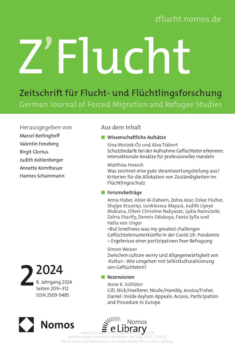 Die neue Ausgabe der <a href="/ZFlucht/">Z'Flucht</a> ist erschienen!    

Das Heft besteht aus wichtigen Beiträgen über das Erkennen des Schutzbedarfes, Verantwortungsteilung, Flüchtlingsunterkünfte während der Pandemie und Selbstkulturalisierung von Geflüchteten. 

doi.org/10.5771/2509-9…