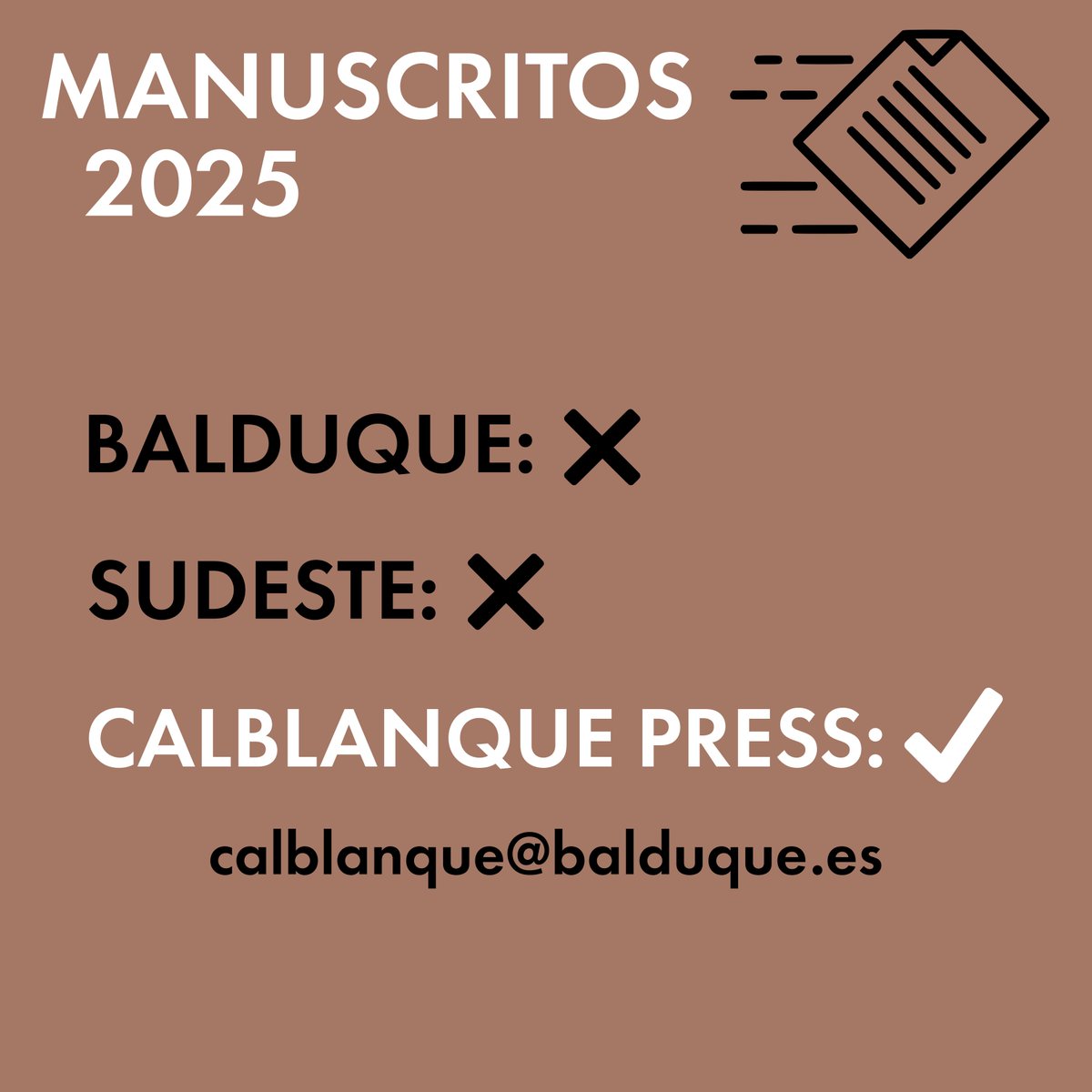 Balduque (@ed_balduque) on Twitter photo Actualizamos el estado de la recepción de manuscritos. Dado que ya tenemos cubiertas las publicaciones de 2025 para Balduque y Sudeste, sólo podemos seguir recibiendo obras en Calblanque Press:
calblanque@balduque.es
Gracias. Actualizamos el estado de la recepción de manuscritos. Dado que ya tenemos cubiertas las publicaciones de 2025 para Balduque y Sudeste, sólo podemos seguir recibiendo obras en Calblanque Press:
calblanque@balduque.es
Gracias.