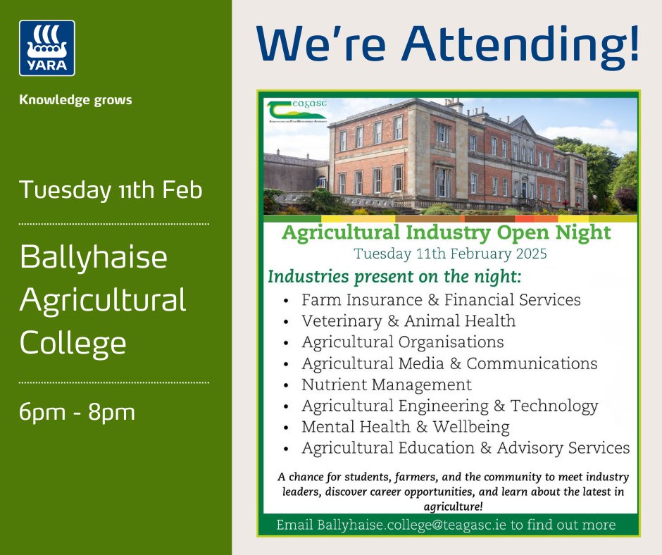 We're looking forward to the upcoming Industry Open Night at <a href="/teagasc/">Teagasc</a> Ballyhaise College.

With spring around the corner and nutrition planning taking focus, we’ll be on hand to answer your questions on Yara CCF fertilisers.🌱

See you there!

#Farming #Agriculture #Nutrition