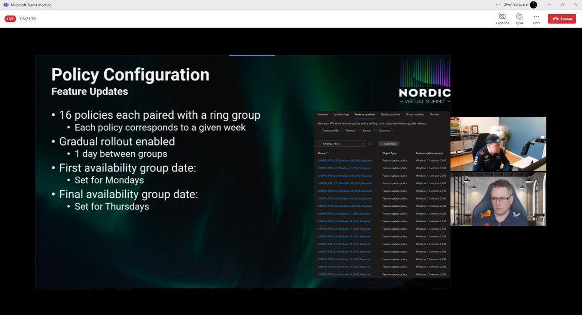 Great #MSIntune session by <a href="/NickolajA/">Nickolaj Andersen [MVP]</a> and <a href="/modaly_it/">Maurice Daly [MVP]</a> My favorite quote so far: Users figured out they could prevent the Windows 11 upgrade by filling up the hard drive :)  (Ugh...) PIng <a href="/Nordic_Summit/">NordicVirtualSummit</a>